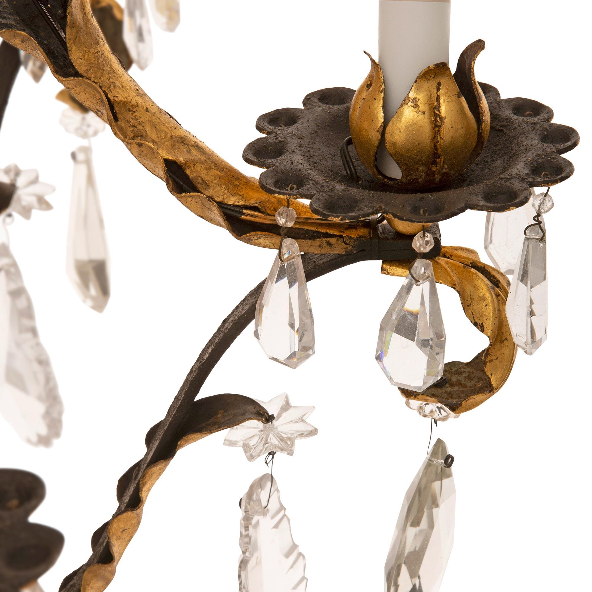 Country French 19th Century Louis XV St. Crystal and Wrought Iron Chandelier For Sale 1