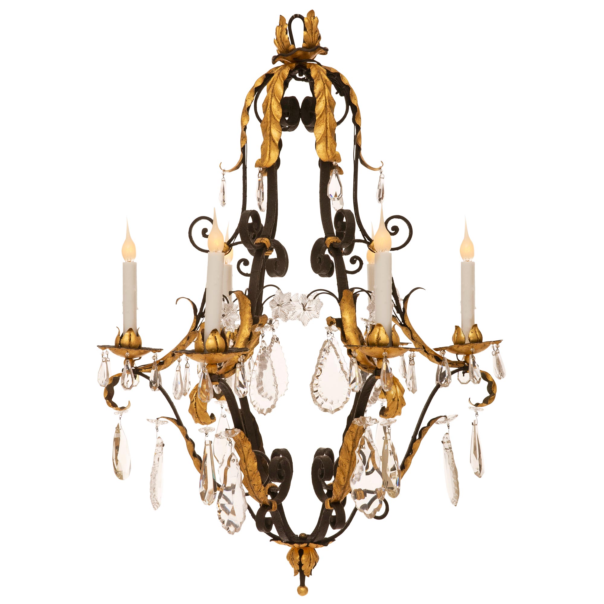 Country French 19th Century Louis XV St. Crystal and Wrought Iron Chandelier