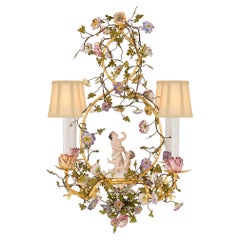 Country French 19th Century Louis XVI St. Gilt Metal and Porcelain Chandelier
