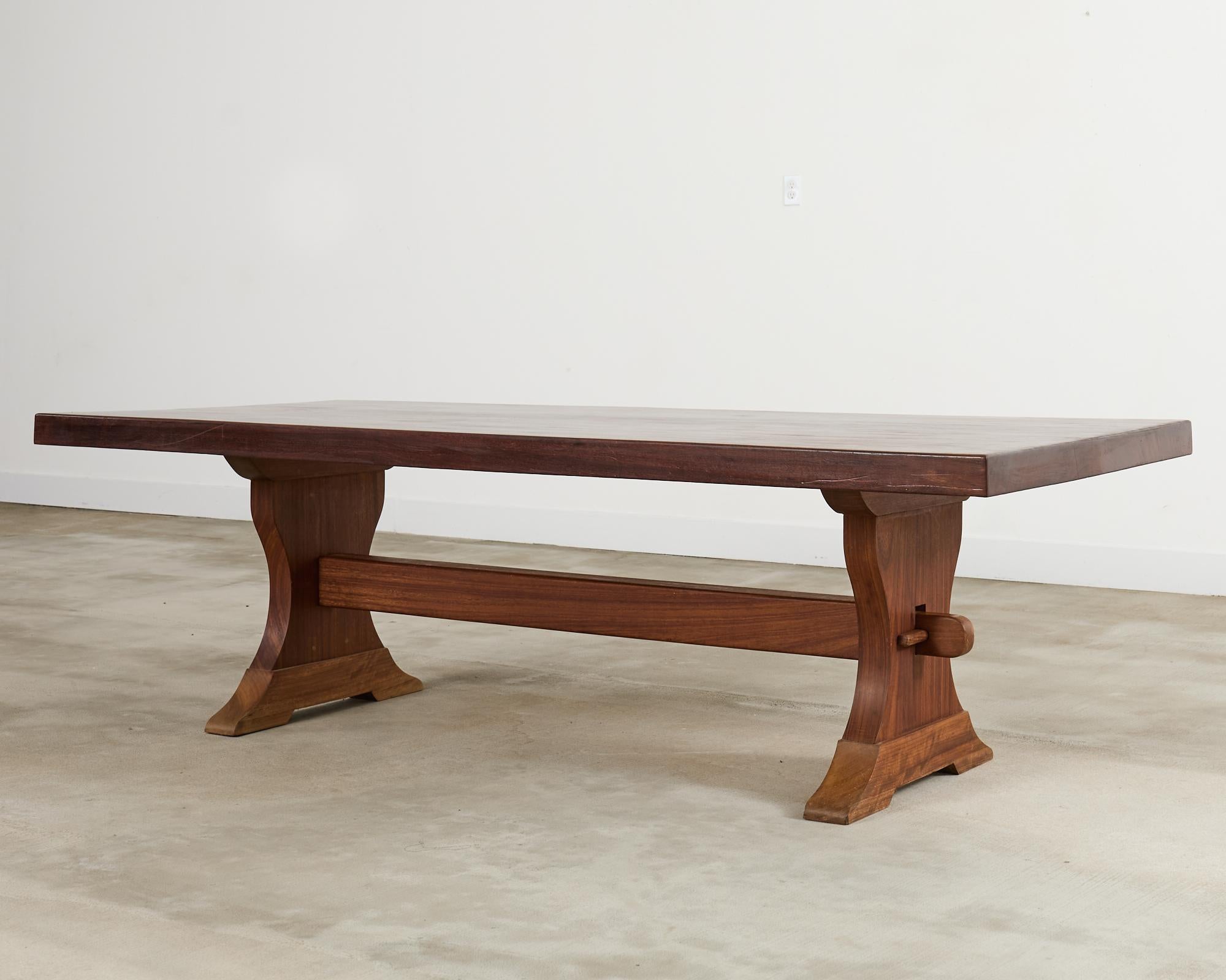 Hand-Crafted Country French African Mahogany Farmhouse Trestle Dining Table For Sale