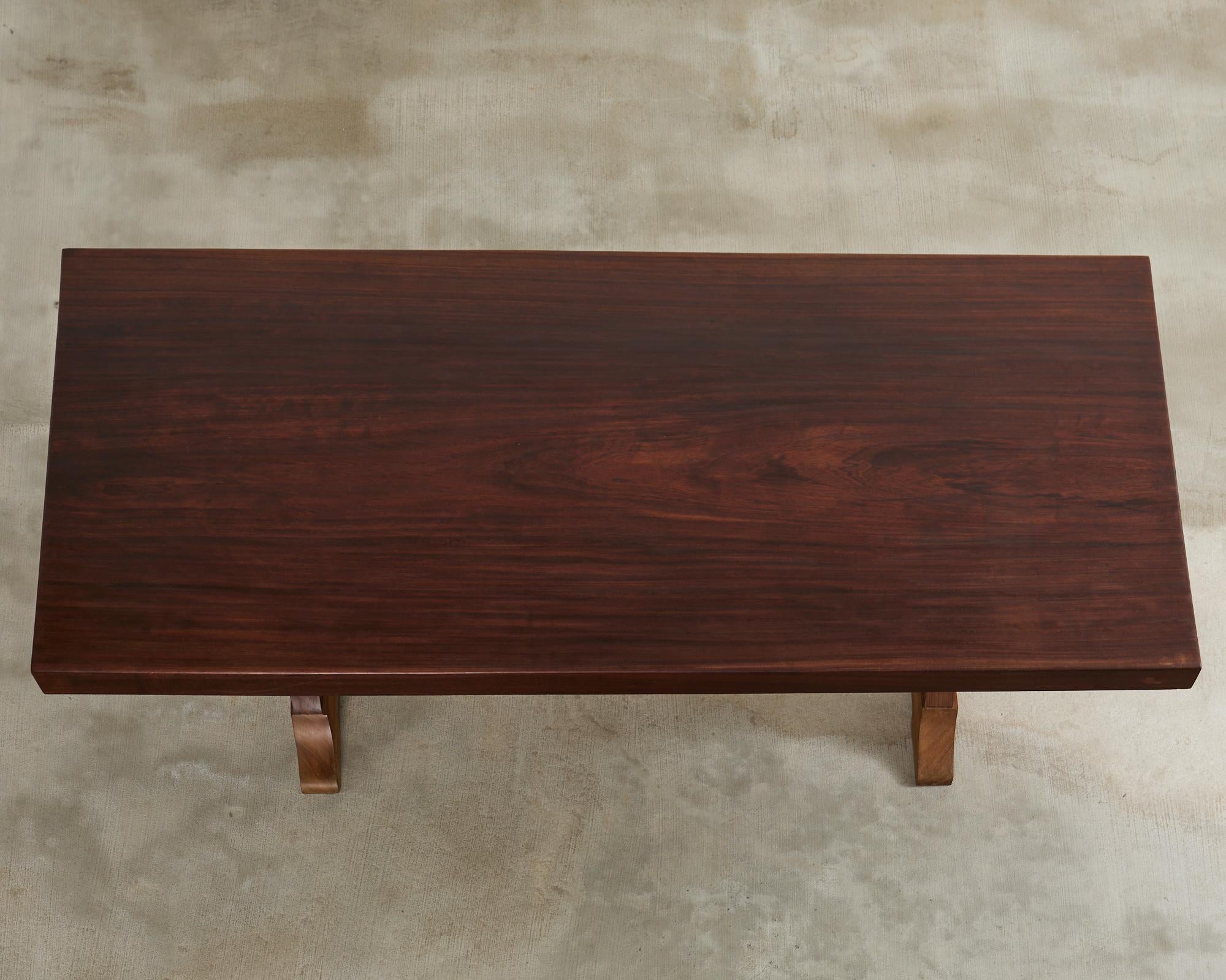 Country French African Mahogany Farmhouse Trestle Dining Table In Good Condition For Sale In Rio Vista, CA