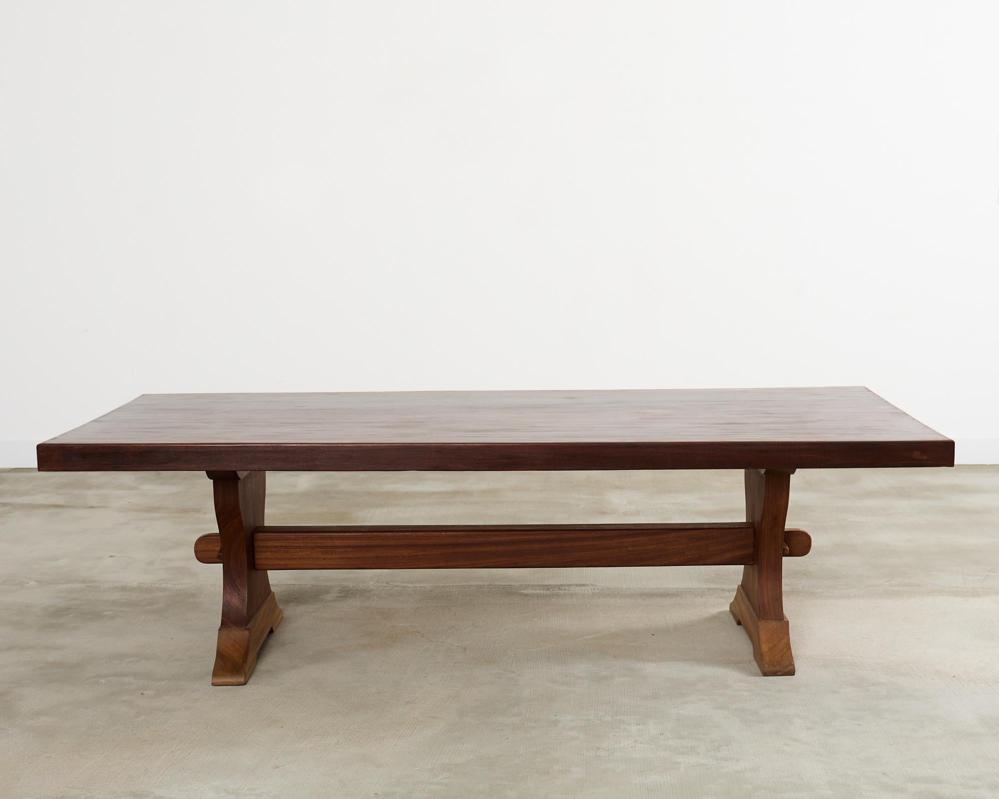 Hardwood Country French African Mahogany Farmhouse Trestle Dining Table For Sale