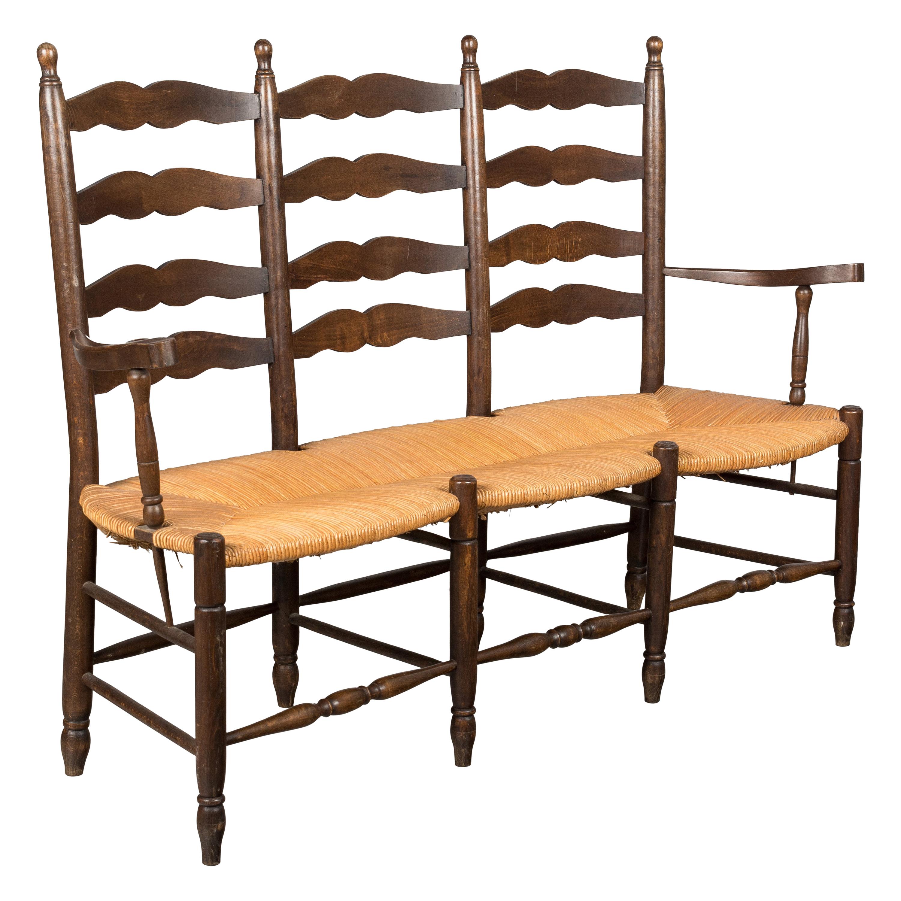 Country French Bench with Rush Seat For Sale