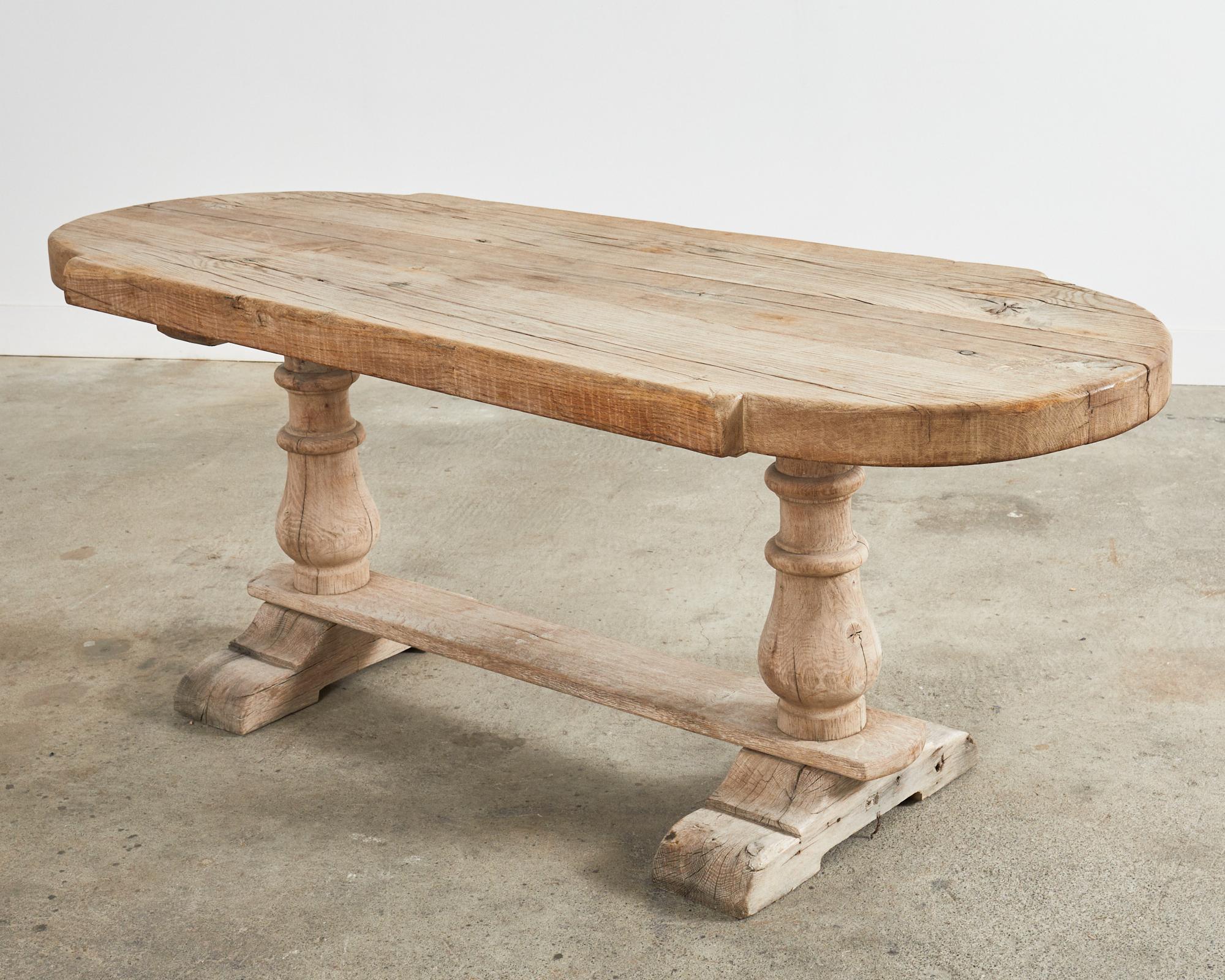 Country French Bleached Oak Farmhouse Dining Table Demilune Ends In Distressed Condition In Rio Vista, CA