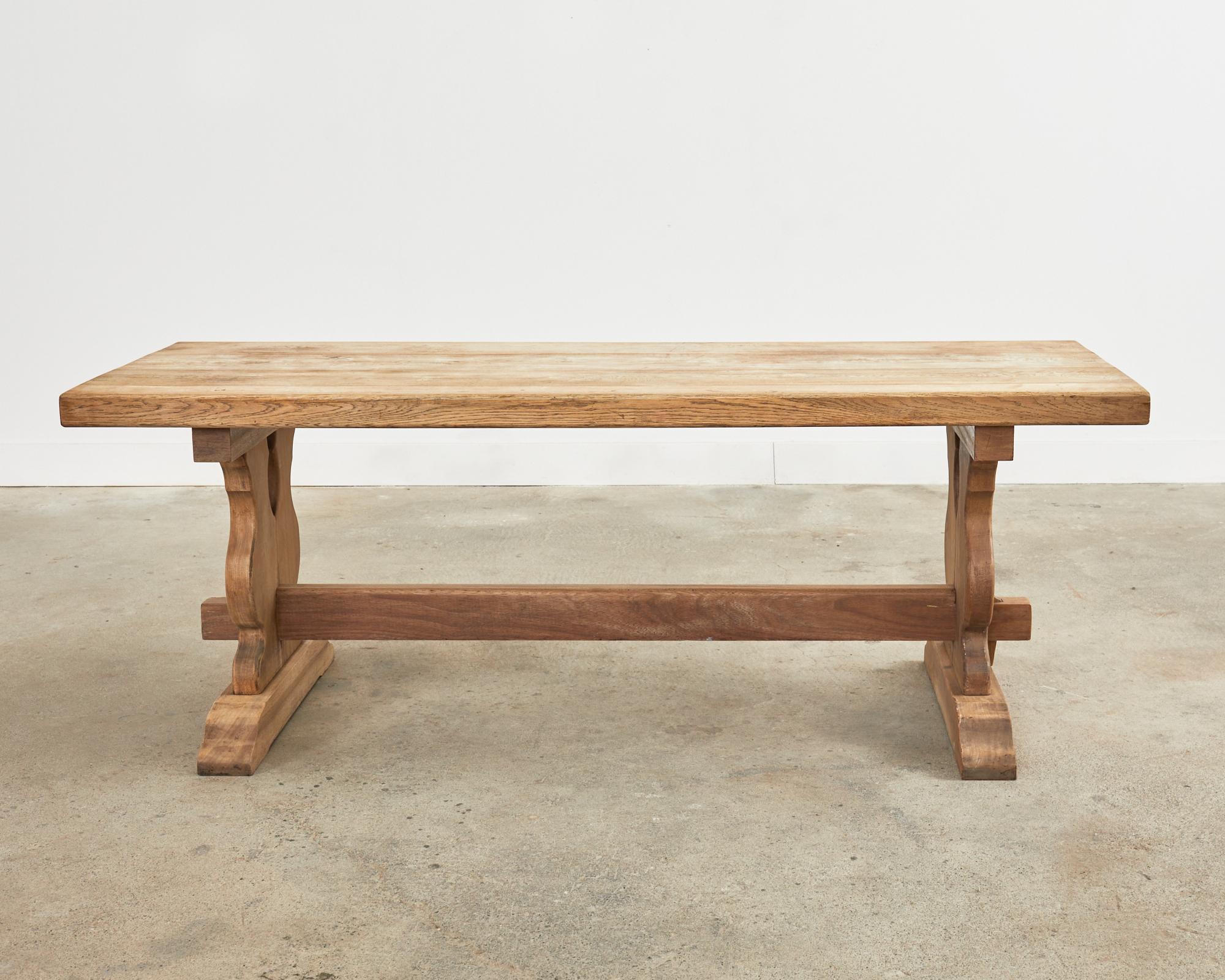 Country French Bleached Oak Farmhouse Trestle Dining Table In Good Condition In Rio Vista, CA