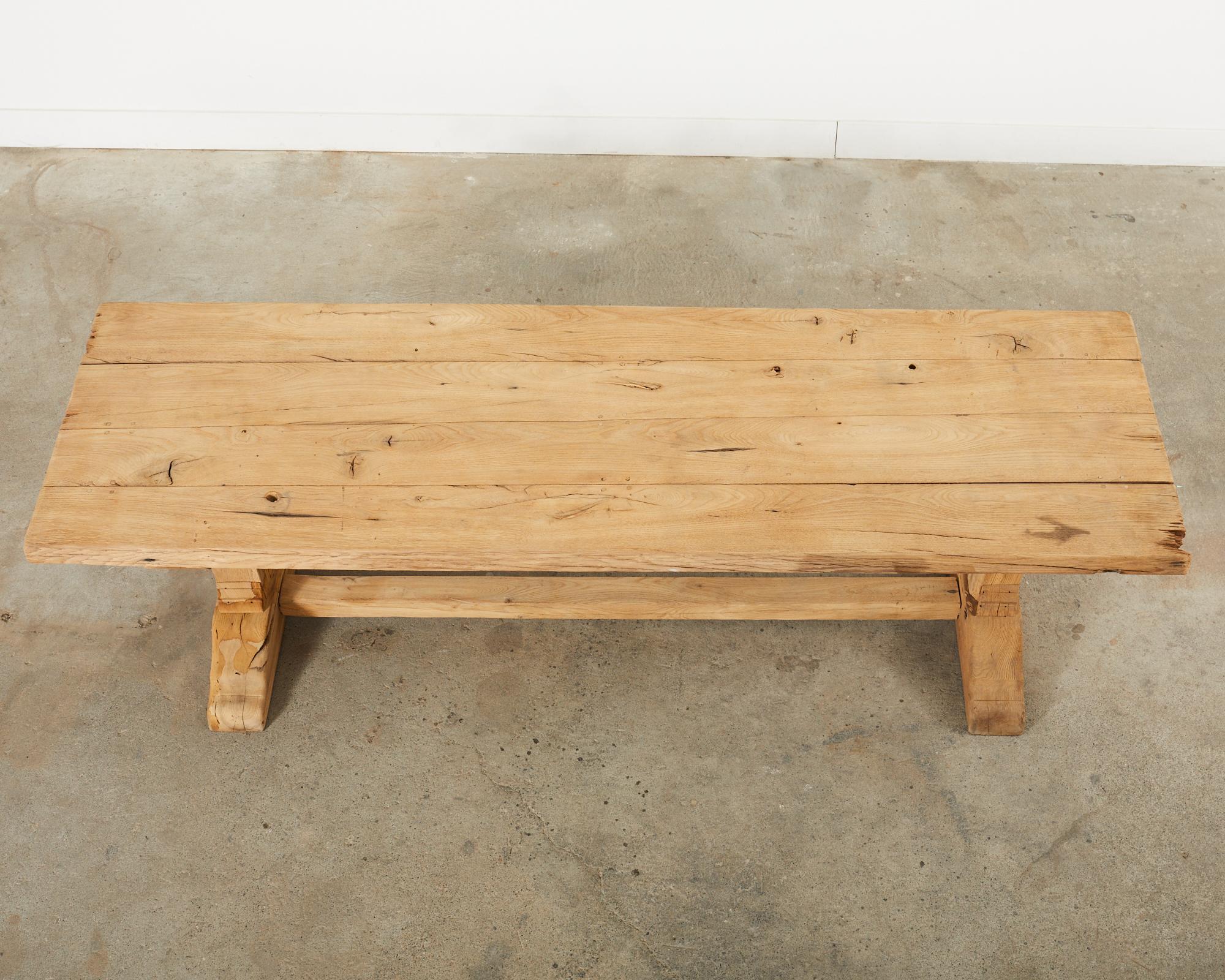 Country French Bleached Oak Farmhouse Trestle Dining Table In Distressed Condition In Rio Vista, CA