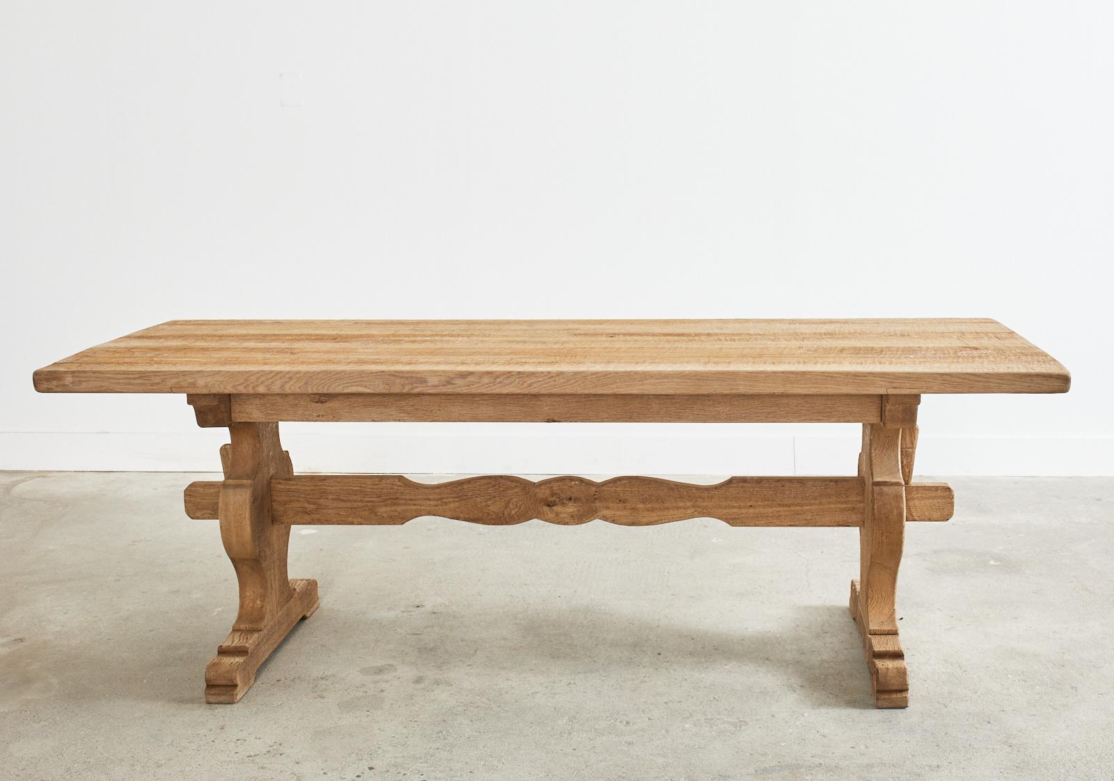 20th Century Country French Bleached Oak Farmhouse Trestle Dining Table