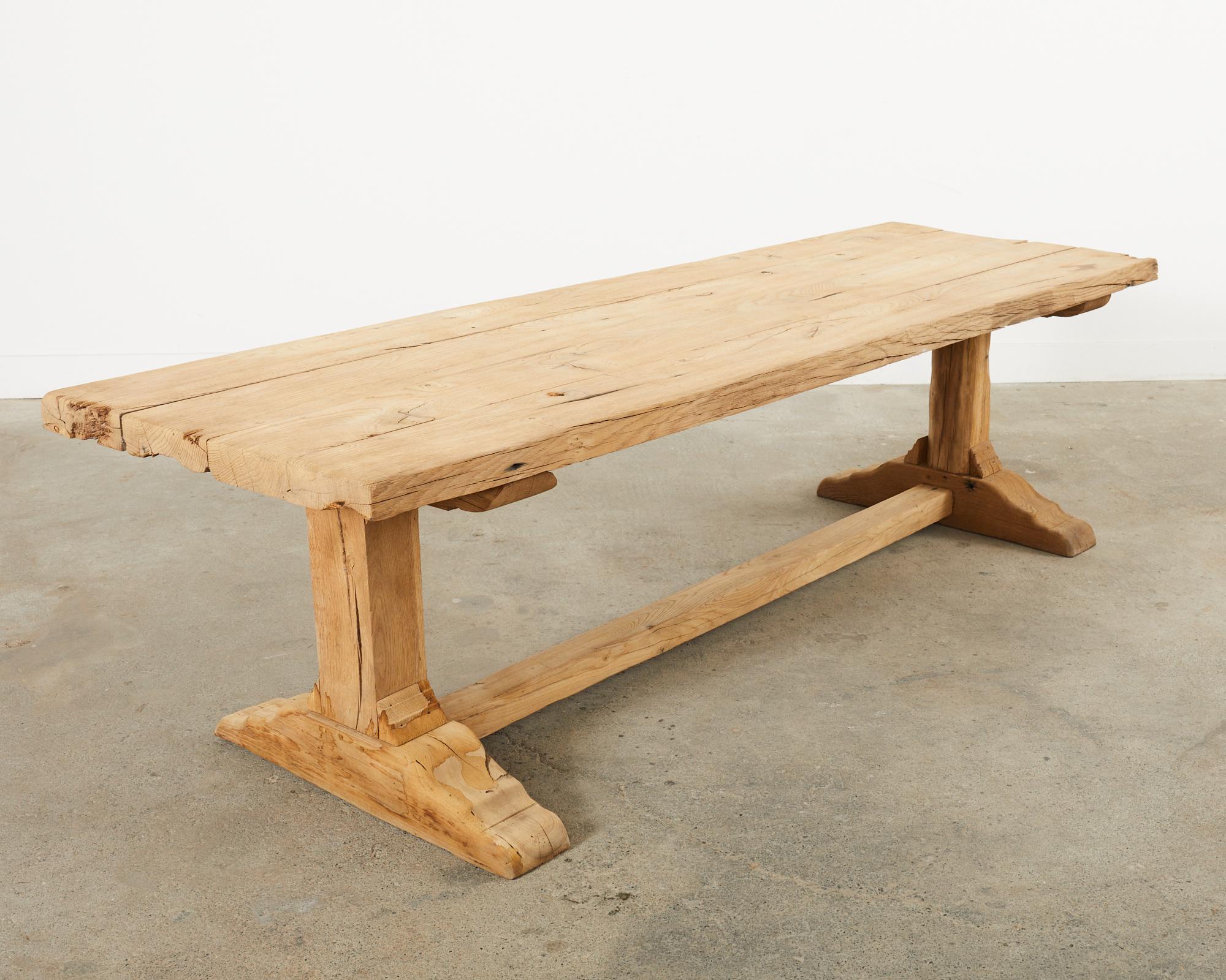 20th Century Country French Bleached Oak Farmhouse Trestle Dining Table
