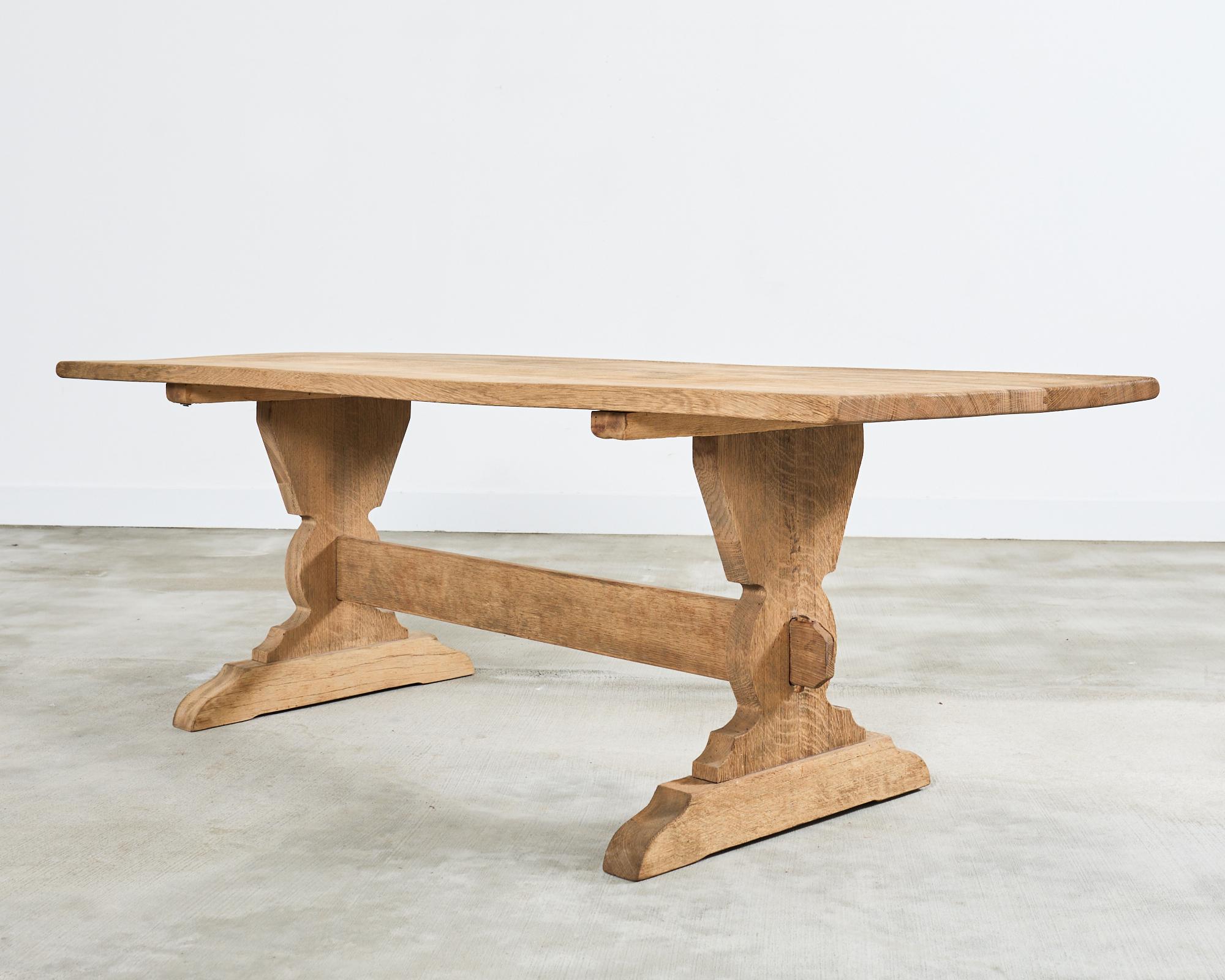 20th Century Country French Bleached Oak Farmhouse Trestle Dining Table