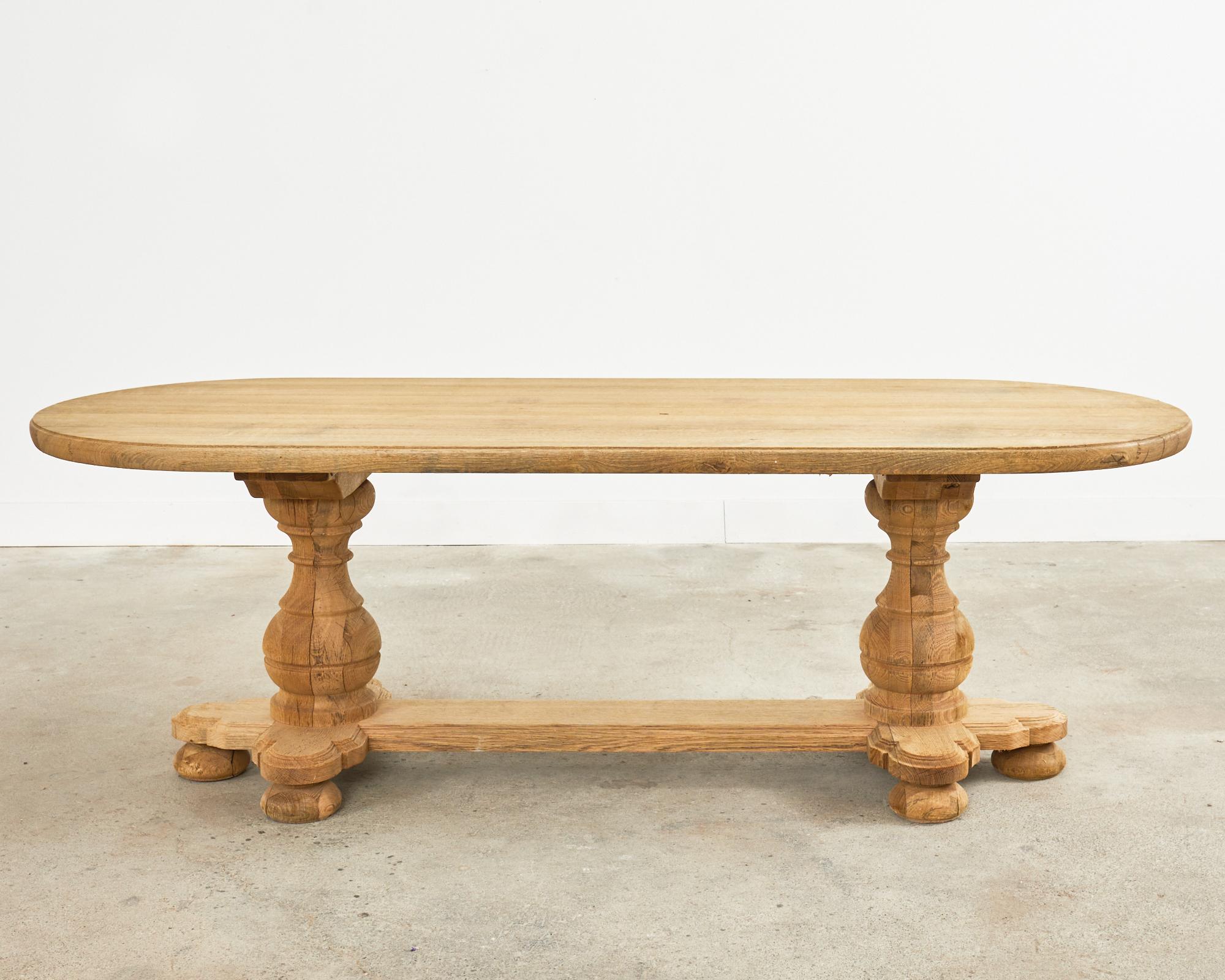 Country French Bleached Oak Oval Farmhouse Trestle Dining Table 15