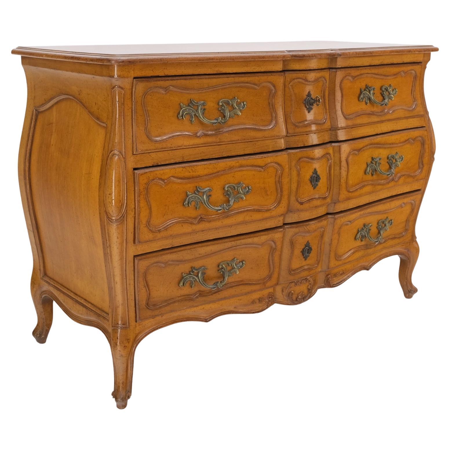 Country French Bombay Shape Massive Solid Wood Three Drawers Dresser Chest  For Sale