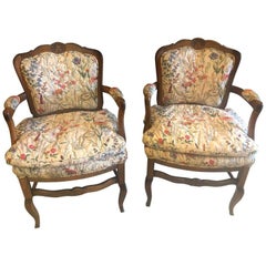 Vintage Country French Boudoir Fauteuil Louis XV Chairs in Quilted like Upholstery, Pair
