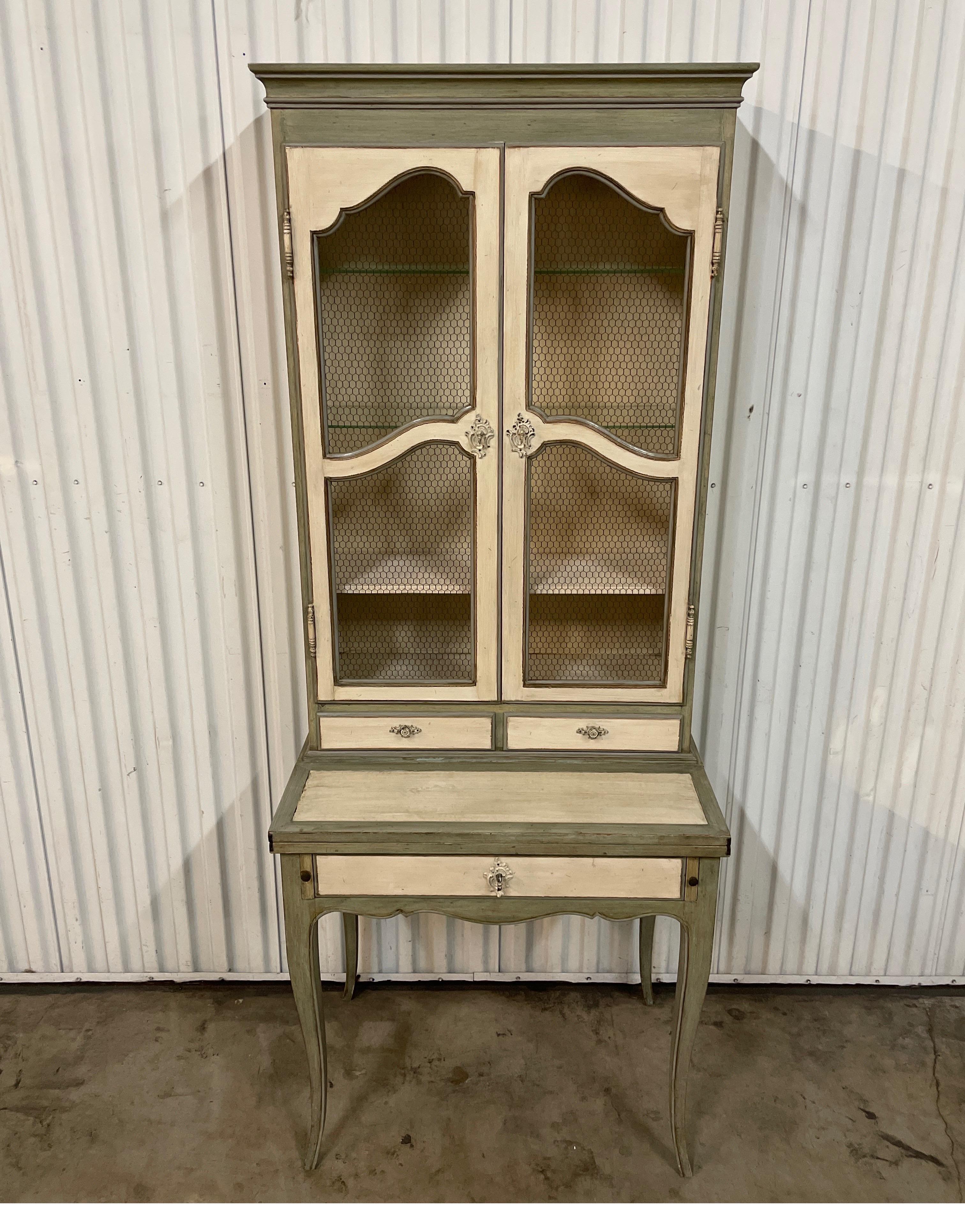 Painted Country French secretary desk / cabinet with chicken wire doors by Baker.