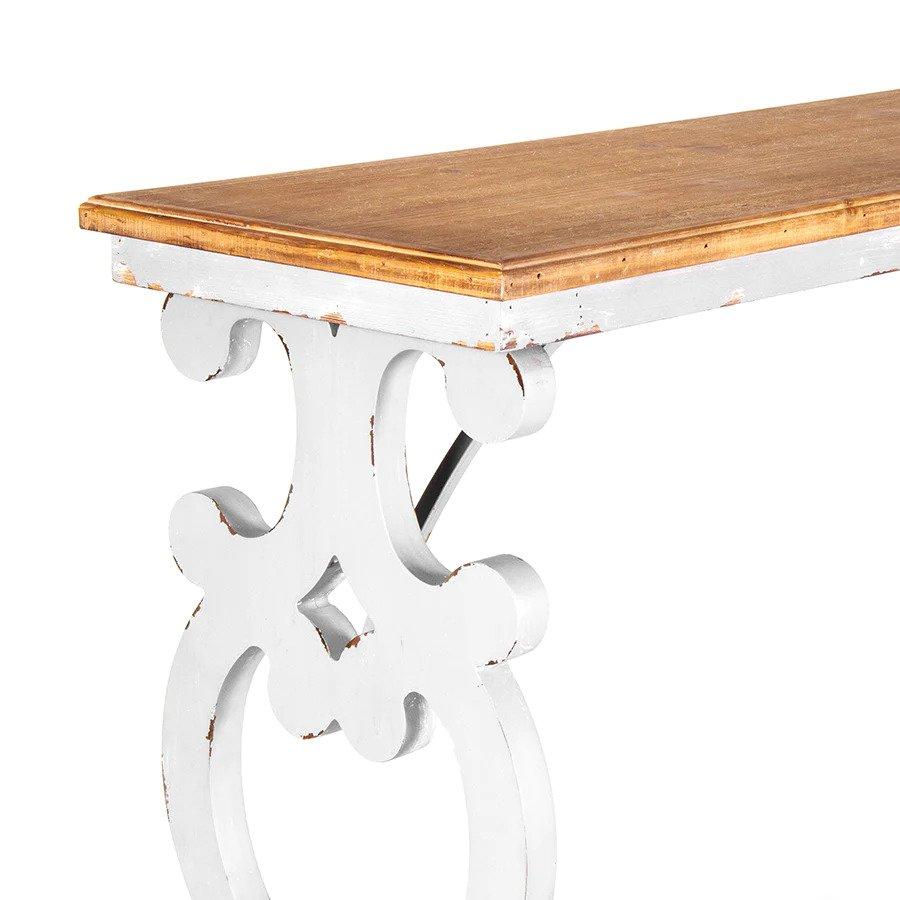 Function meets form in this simple but useful Country French style hall table. With a practical bench look and sturdy ornate legs, it won’t look out of place in many spots around your home. Let it grace your dining room as a handy side table, or sit