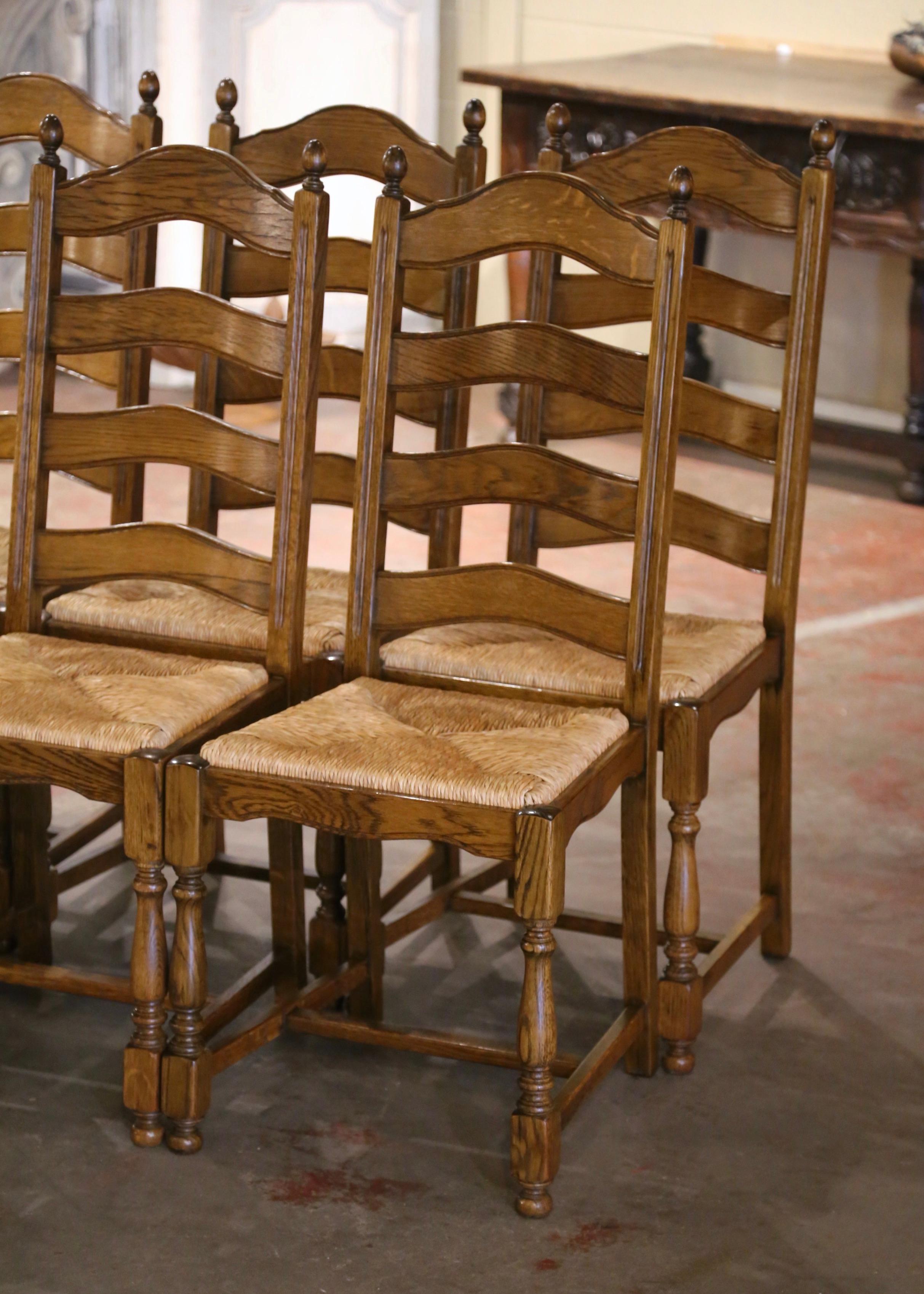 Hand-Carved Country French Carved Oak Ladder Back Chairs with Rush Seat, Set of Six For Sale