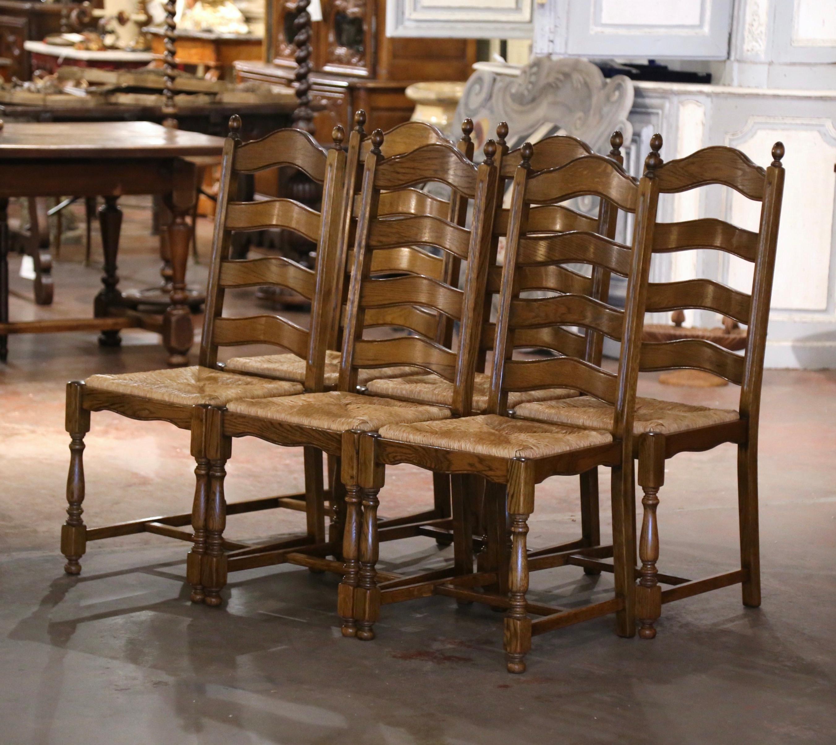 Country French Carved Oak Ladder Back Chairs with Rush Seat, Set of Six In Excellent Condition For Sale In Dallas, TX