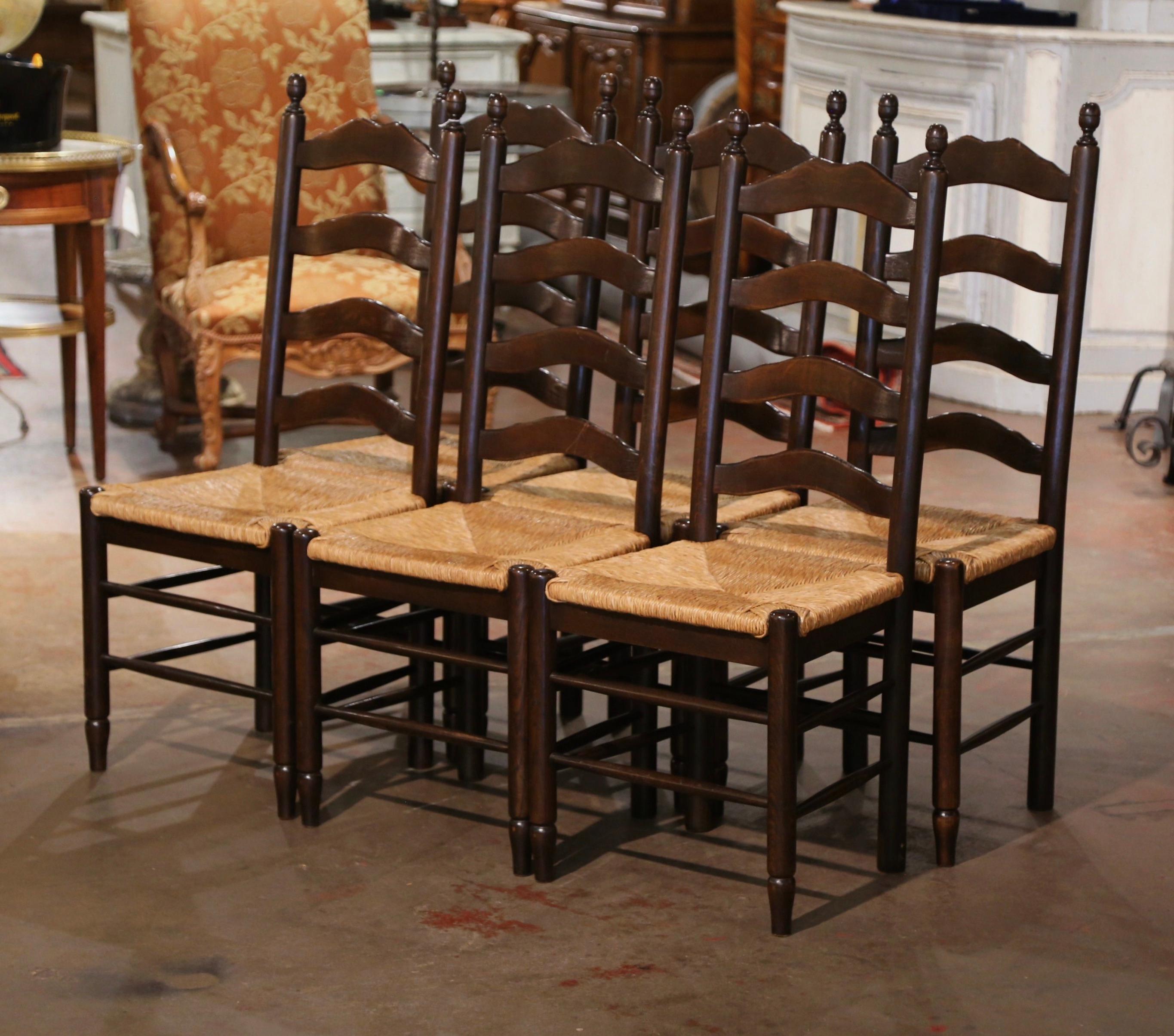 Contemporary Country French Carved Oak Ladder Back Chairs with Rush Seat, Set of Six For Sale