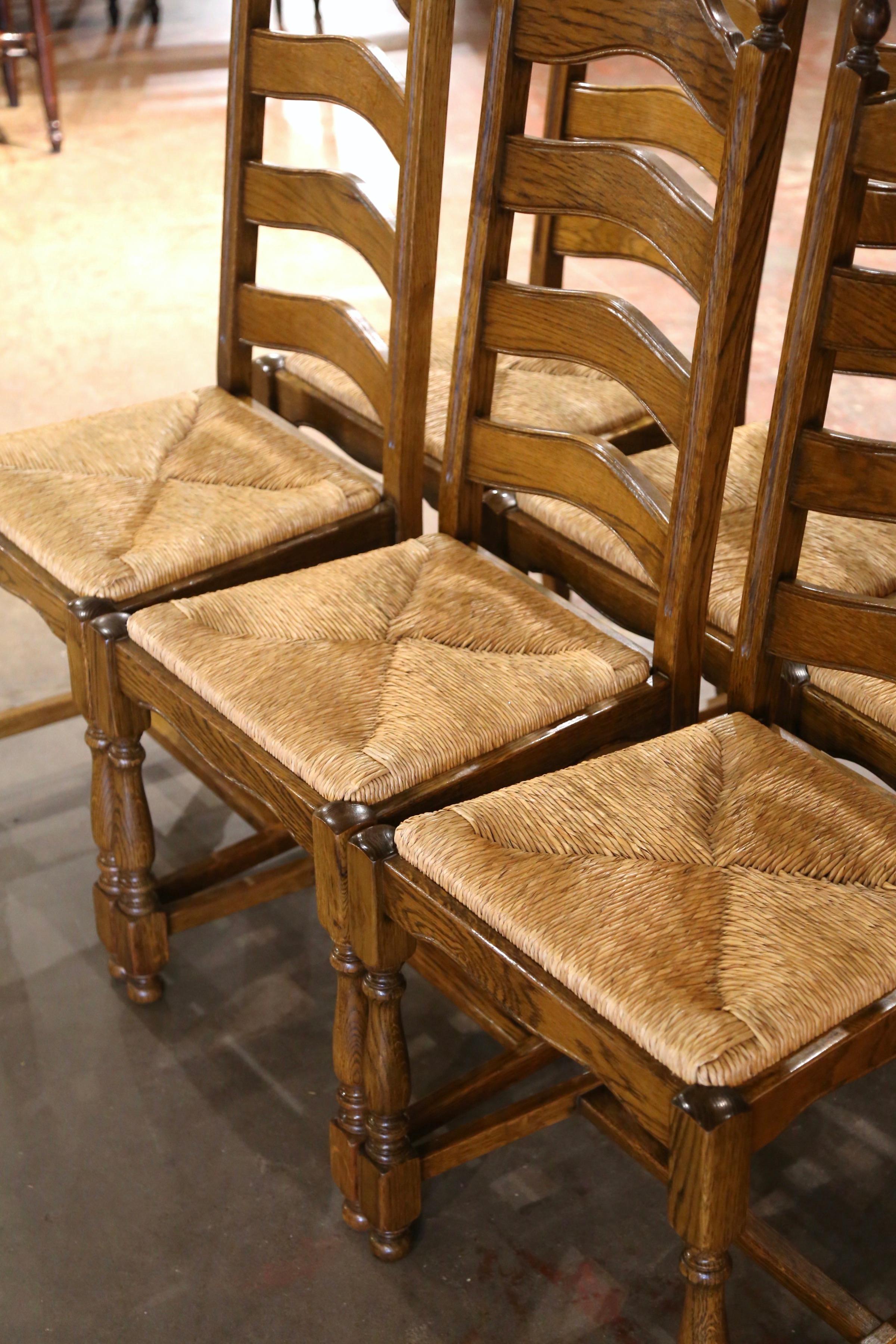 Contemporary Country French Carved Oak Ladder Back Chairs with Rush Seat, Set of Six For Sale