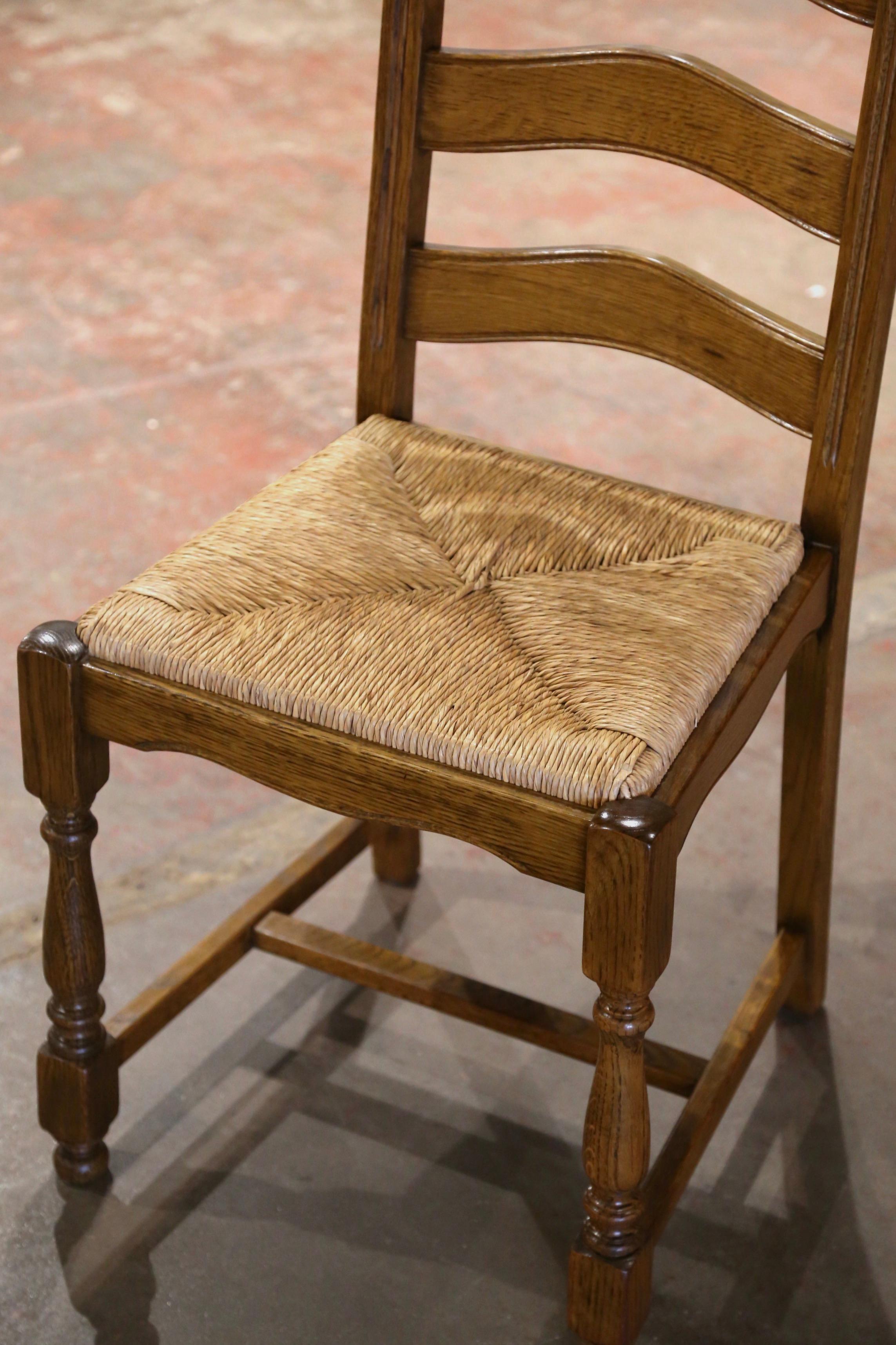 Country French Carved Oak Ladder Back Chairs with Rush Seat, Set of Six For Sale 1