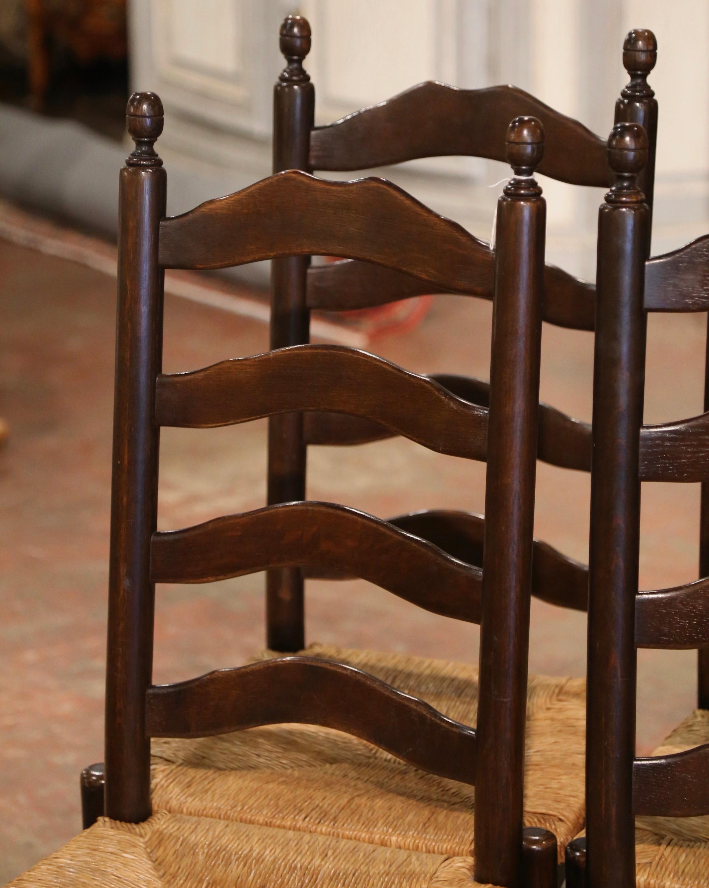 Country French Carved Oak Ladder Back Chairs with Rush Seat, Set of Six For Sale 2