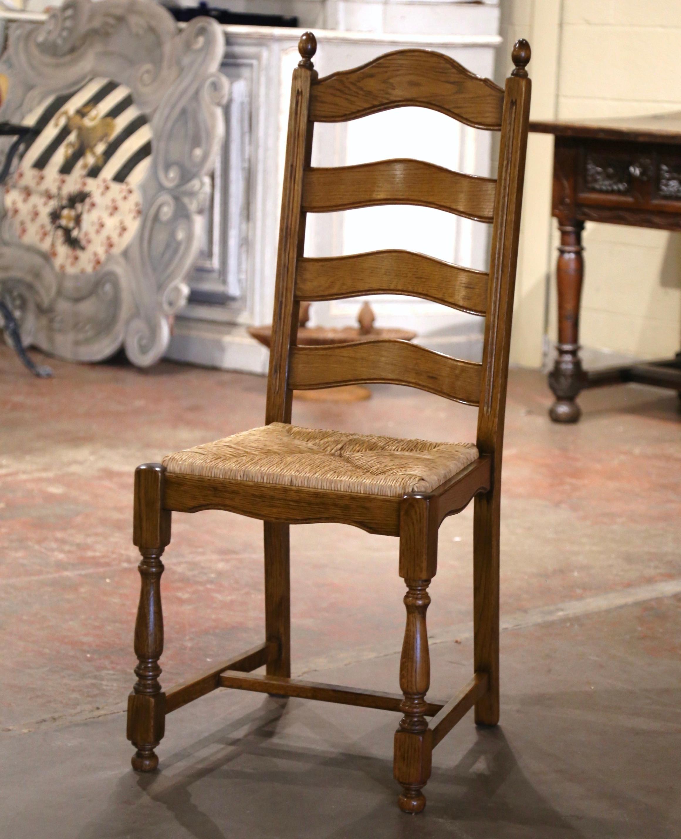 Country French Carved Oak Ladder Back Chairs with Rush Seat, Set of Six For Sale 2