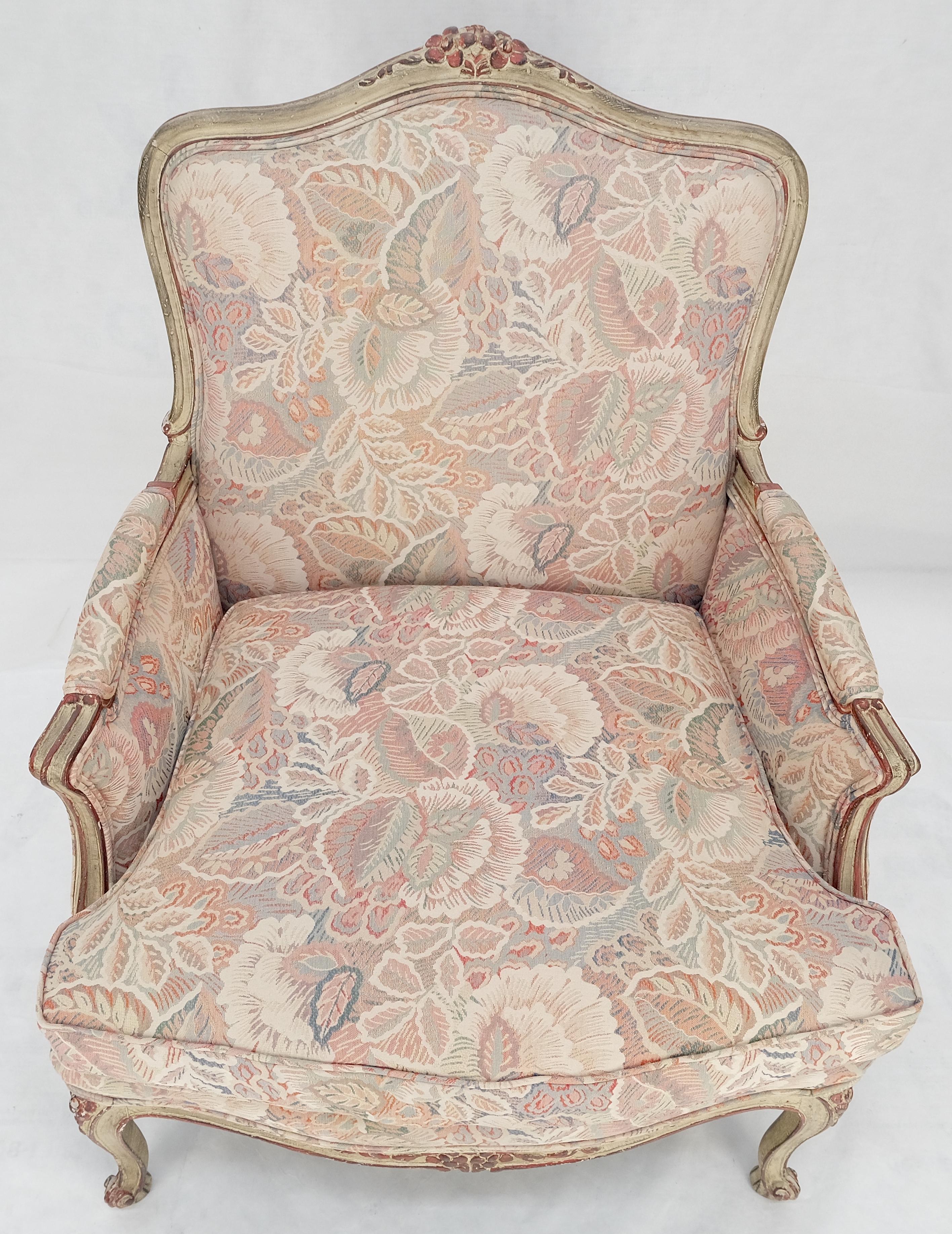Painted Country French Carved Upholstered Lounge Club Chair c1960s Wide Comfortable Seat For Sale