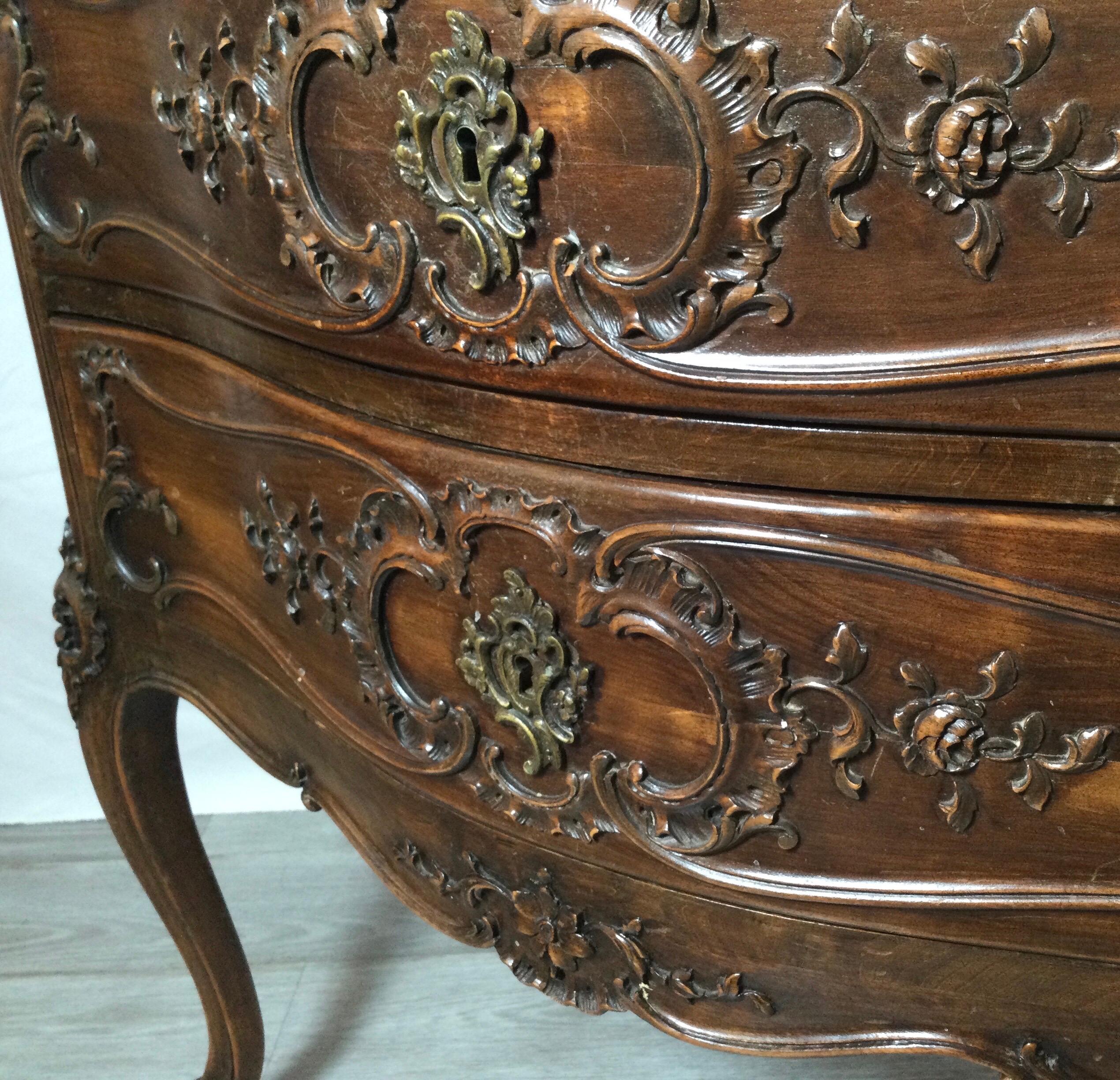 Country French Carved Walnut Commode Chest with Grey Marble Top 5