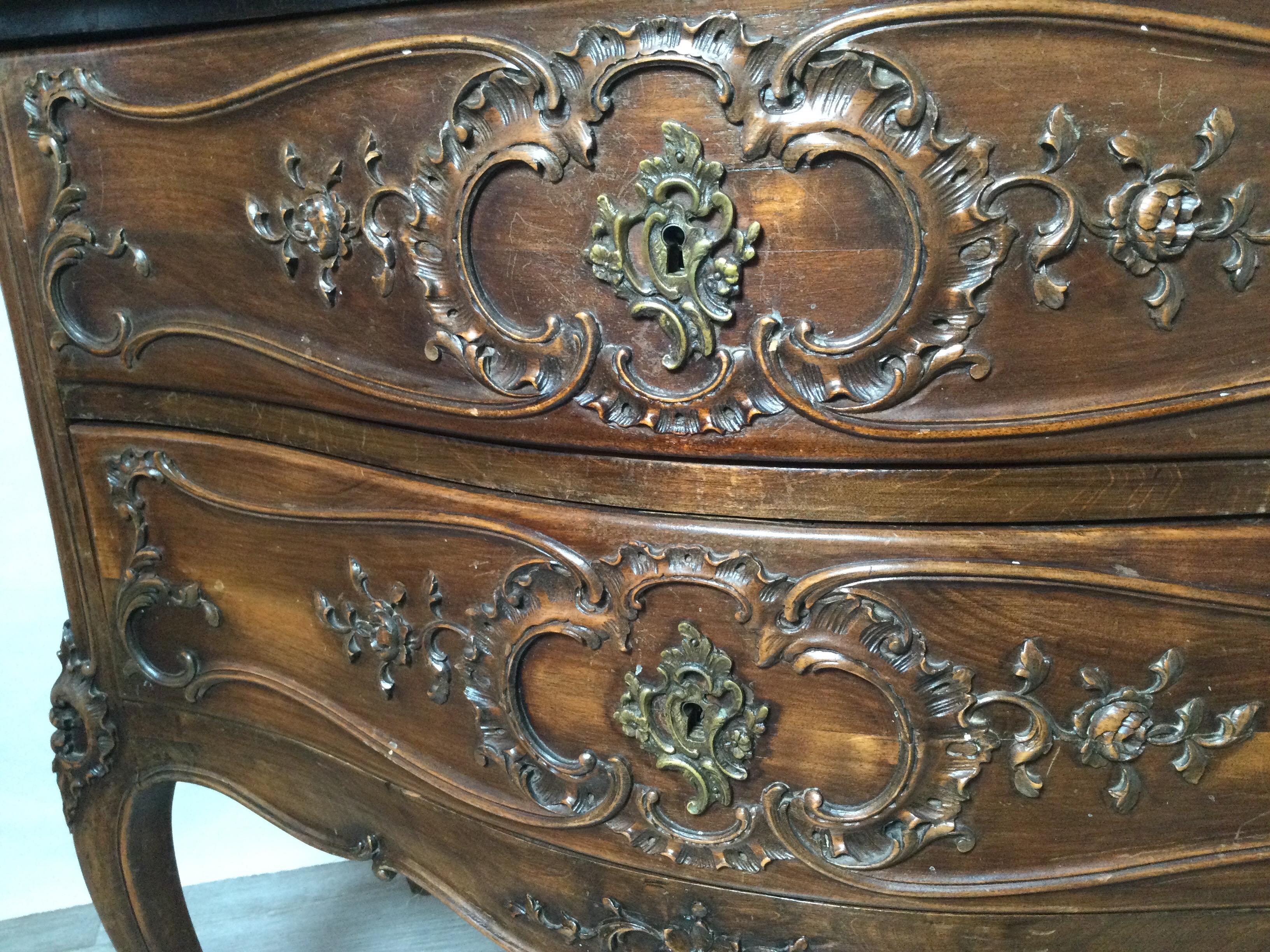 Country French Carved Walnut Commode Chest with Grey Marble Top 6