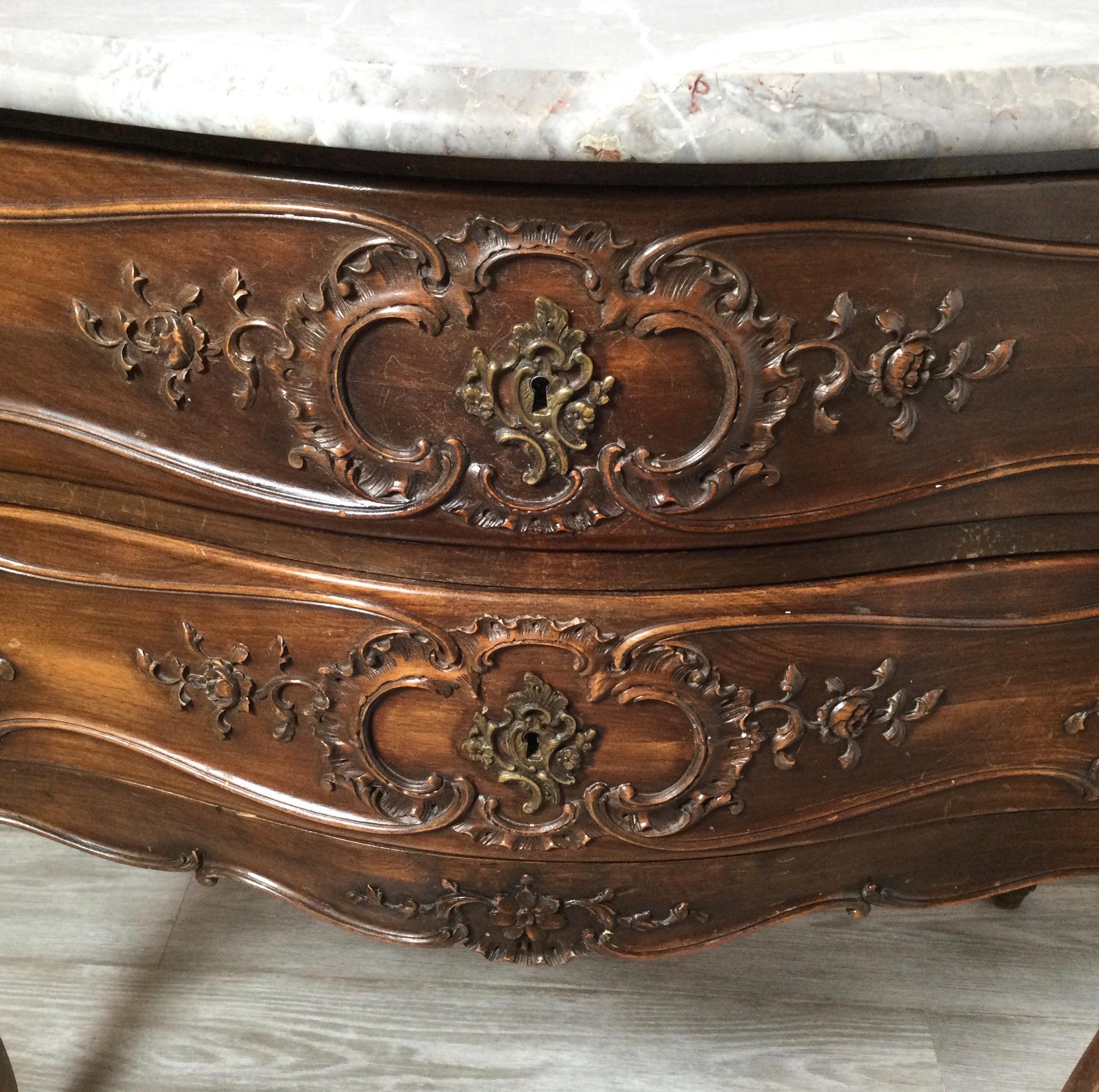 European Country French Carved Walnut Commode Chest with Grey Marble Top