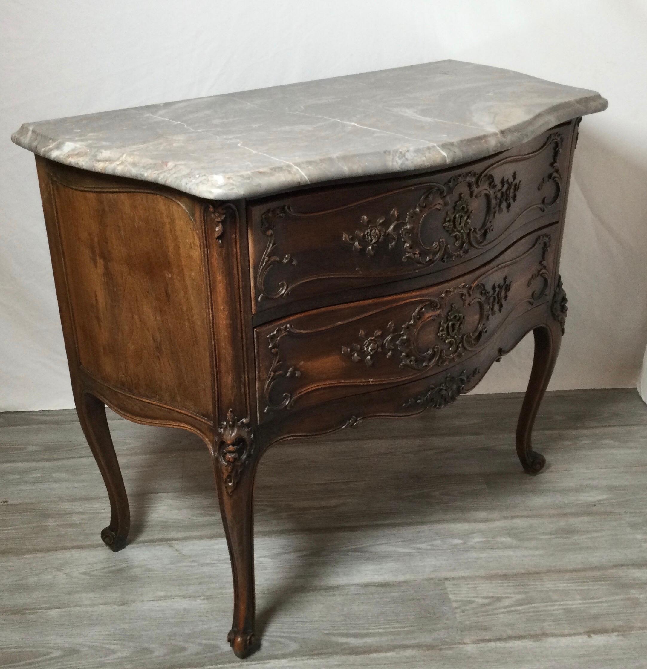 Country French Carved Walnut Commode Chest with Grey Marble Top 1