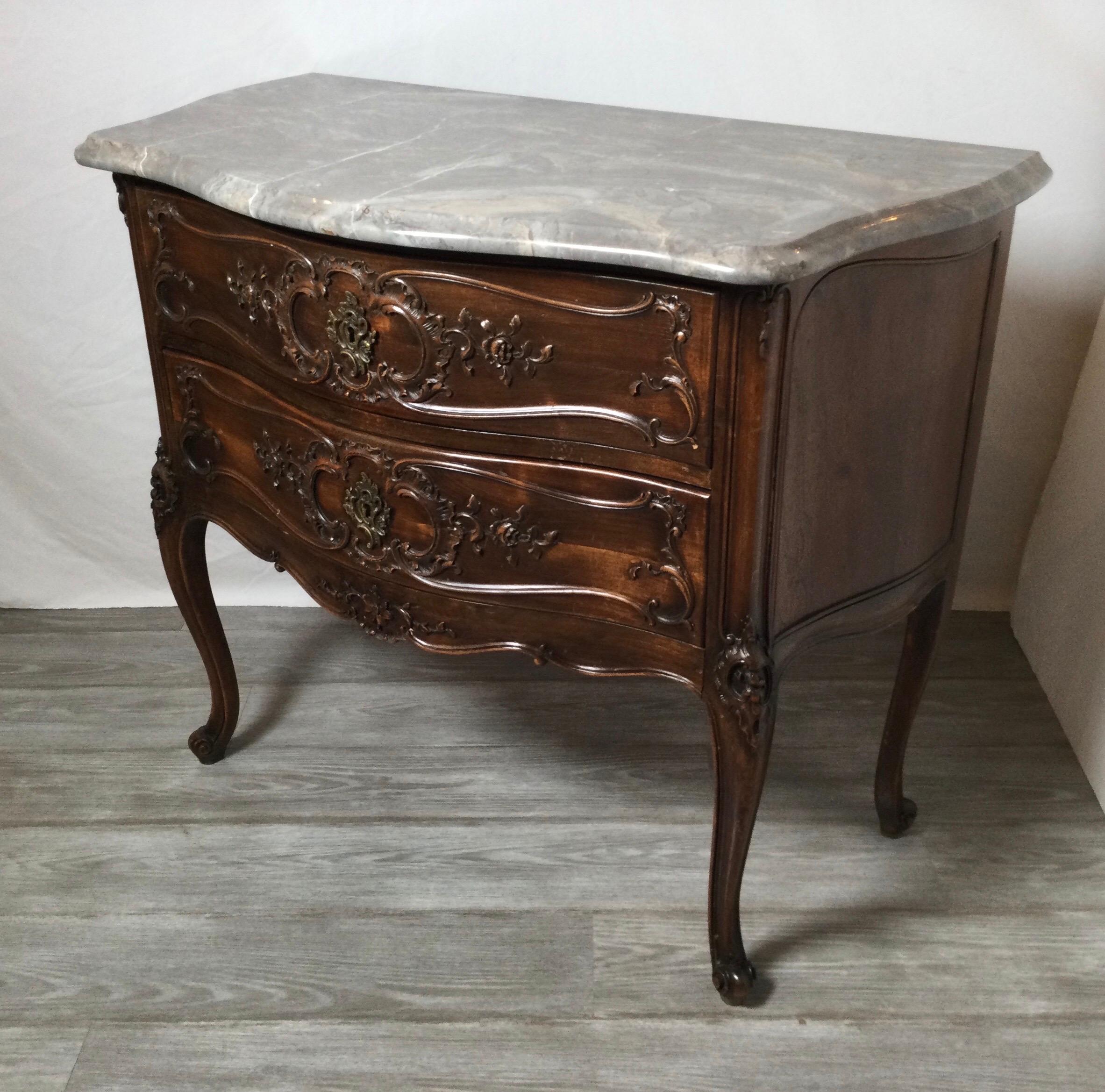 Country French Carved Walnut Commode Chest with Grey Marble Top 2
