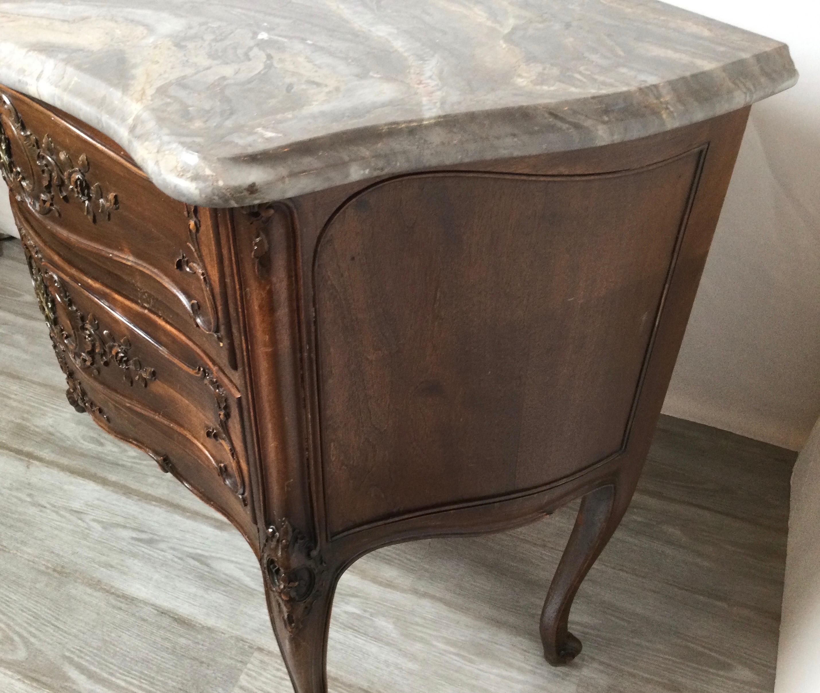 Country French Carved Walnut Commode Chest with Grey Marble Top 3