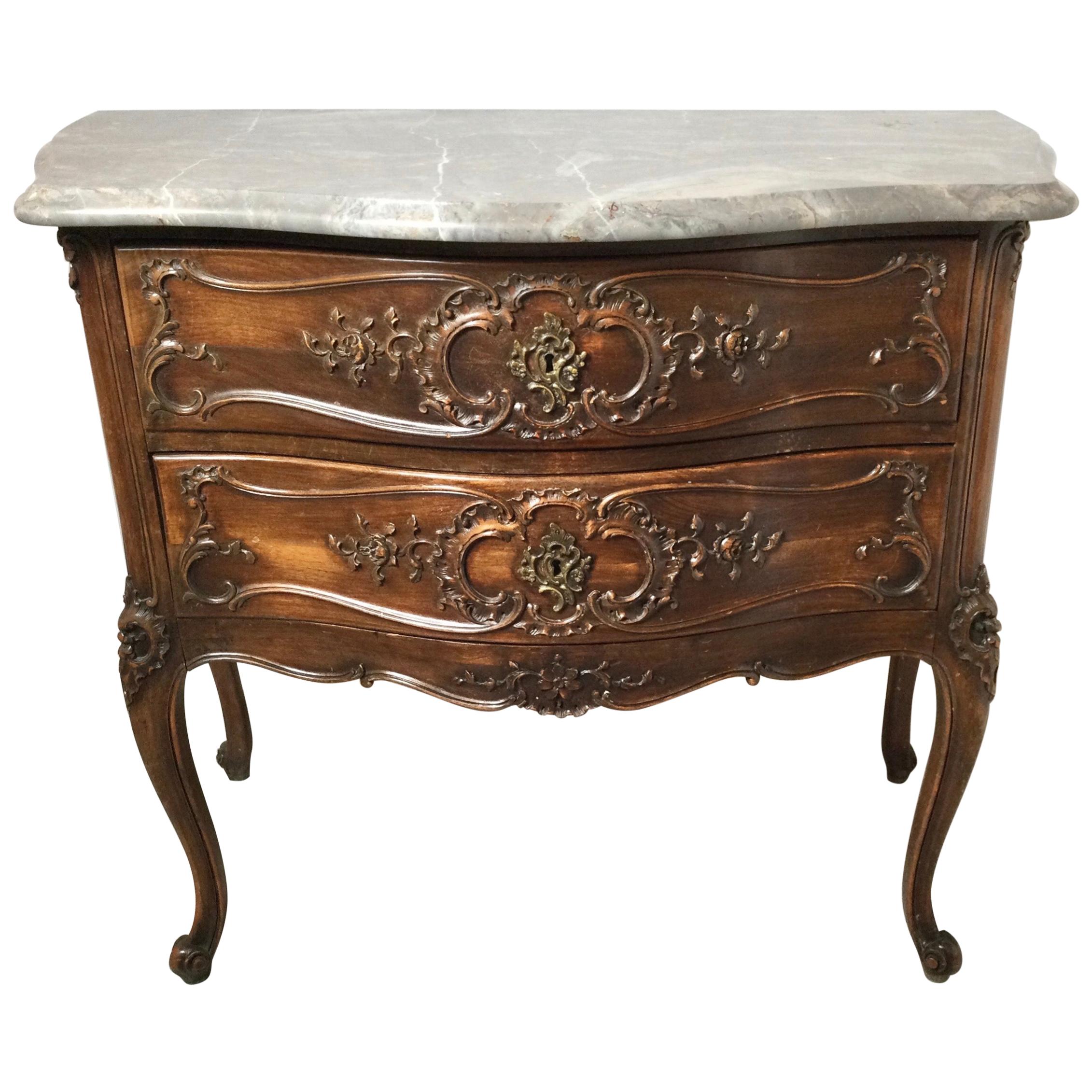 Country French Carved Walnut Commode Chest with Grey Marble Top