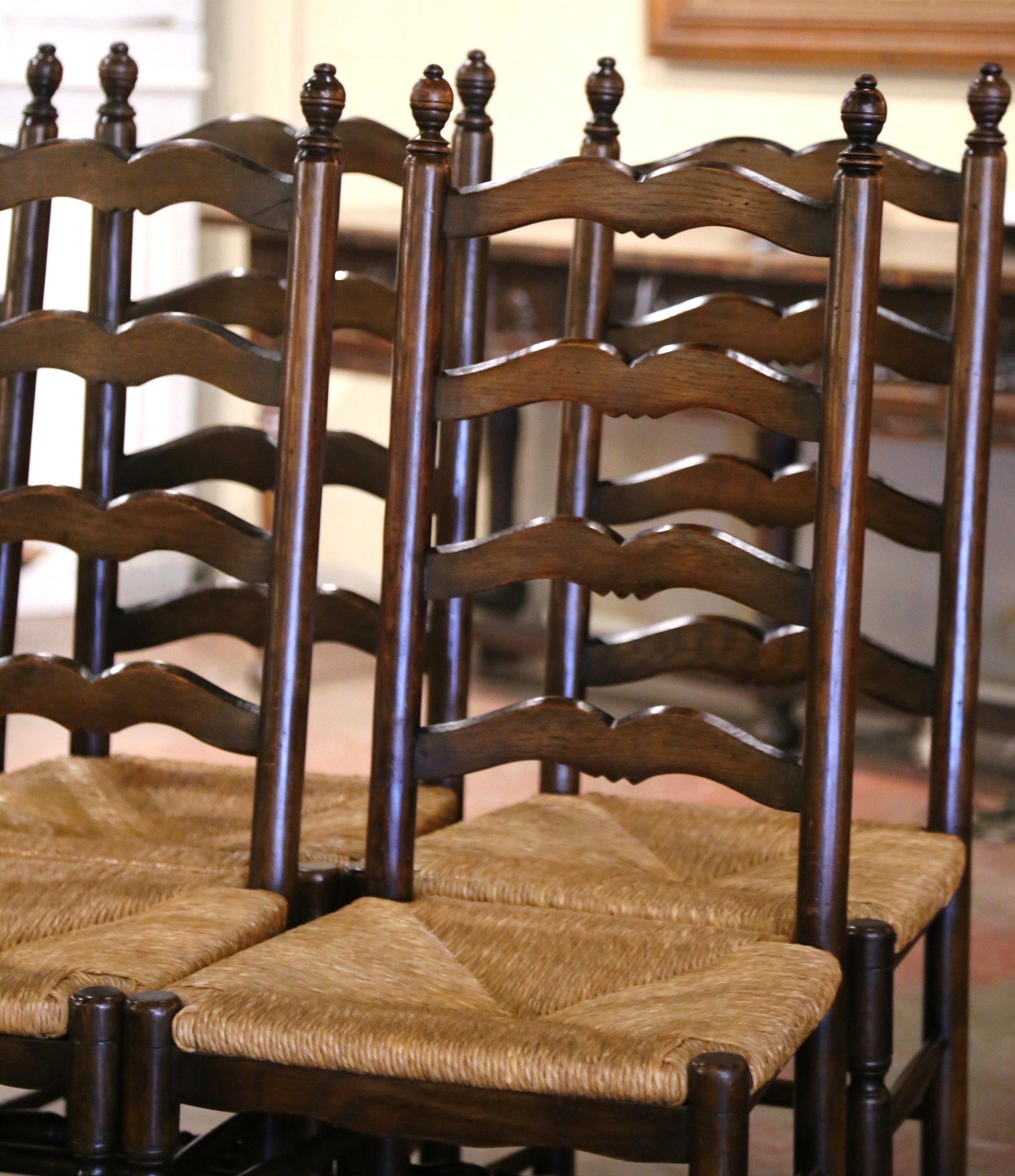 Hand-Carved Country French Carved Walnut Ladder Back Chairs with Rush Seat, Set of Eight
