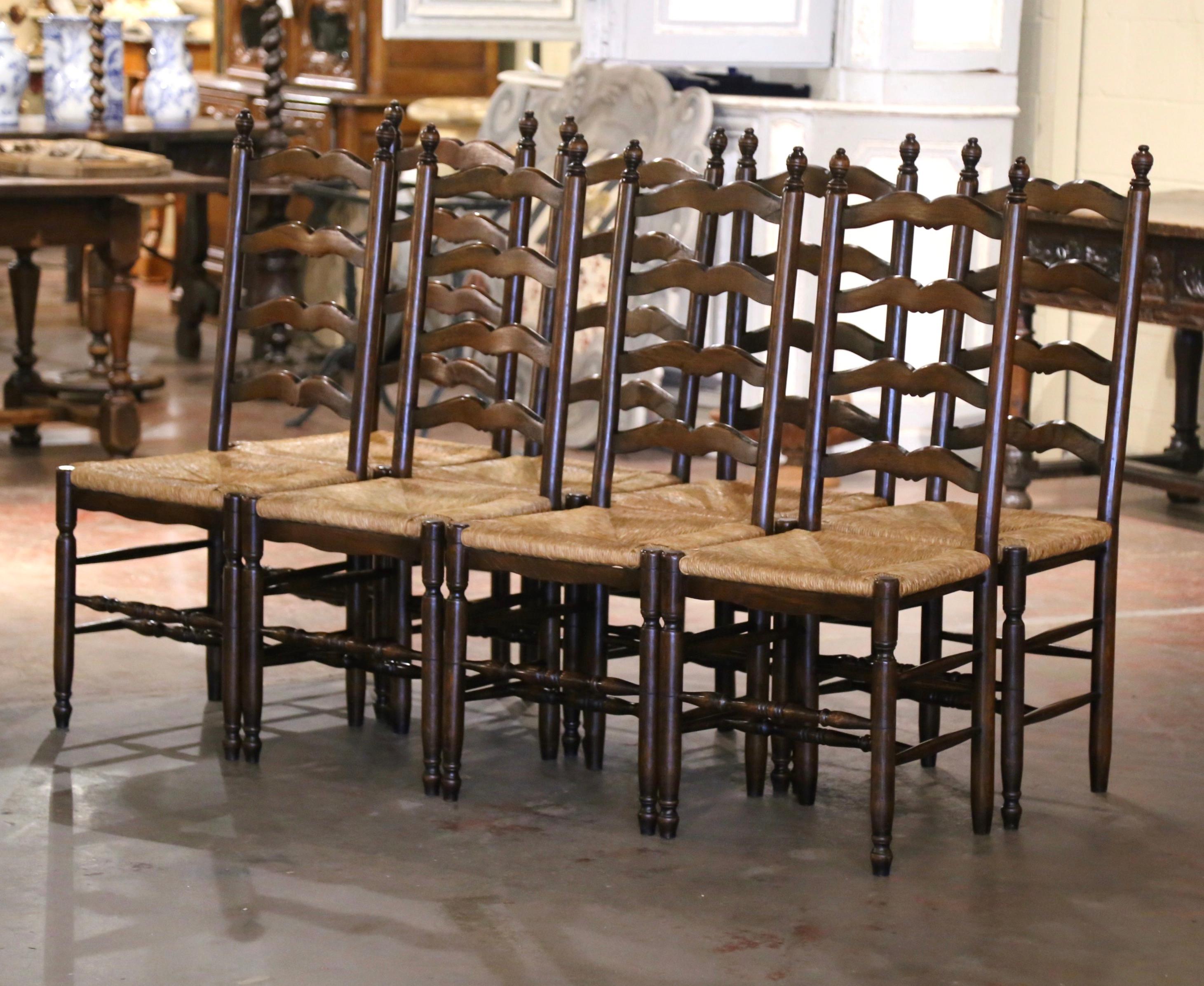 Country French Carved Walnut Ladder Back Chairs with Rush Seat, Set of Eight In Excellent Condition In Dallas, TX