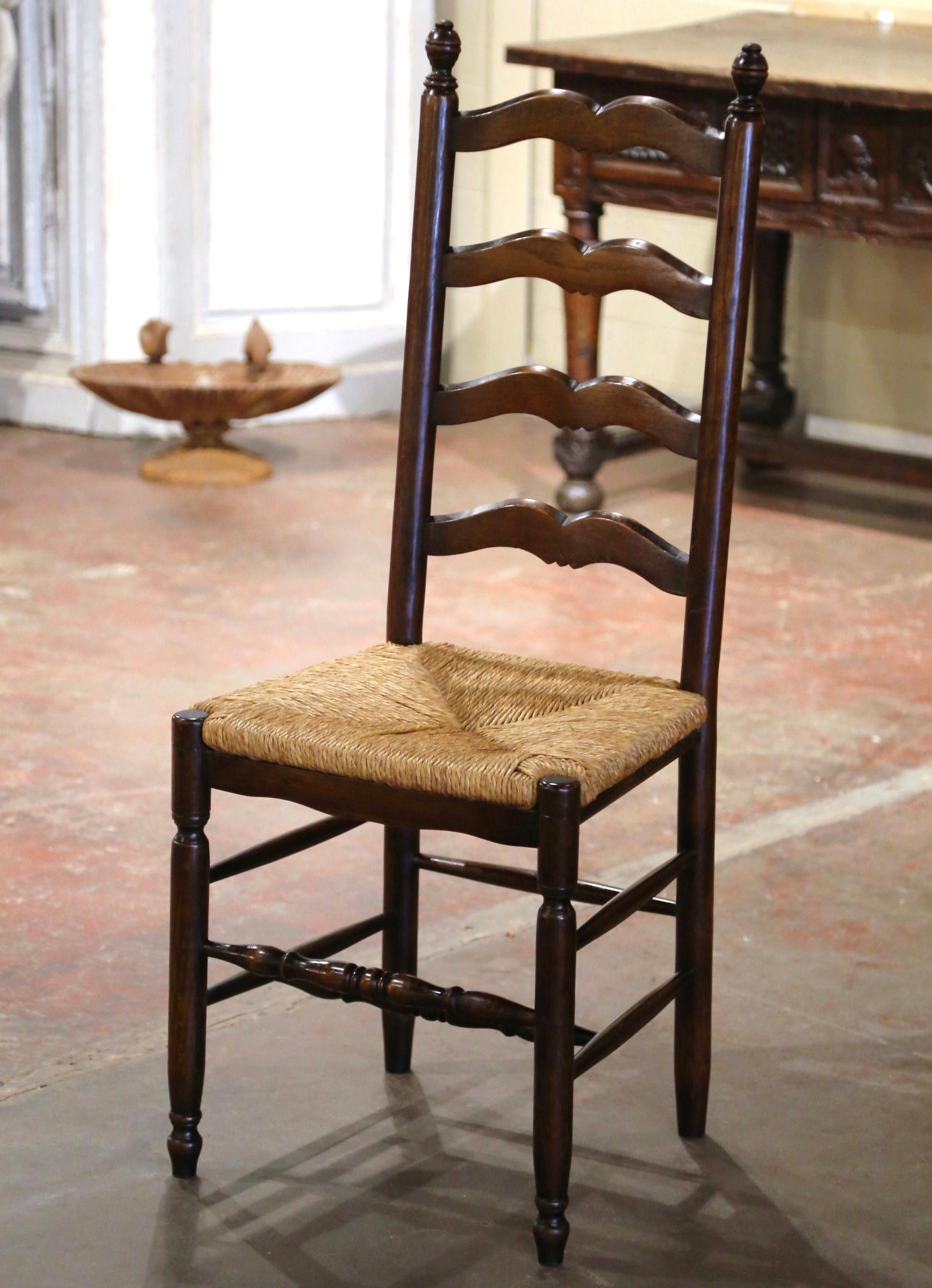 Country French Carved Walnut Ladder Back Chairs with Rush Seat, Set of Eight 1