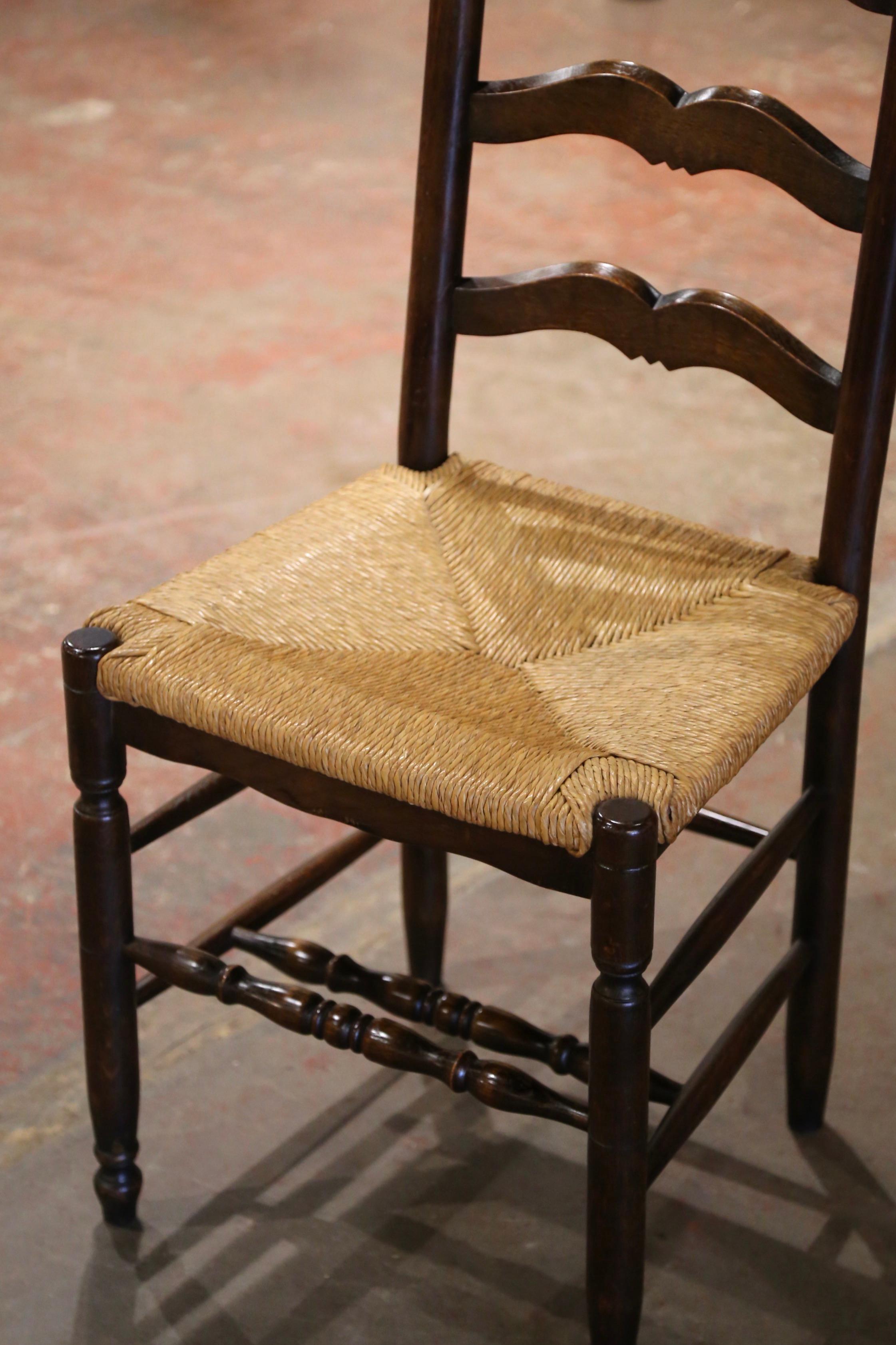 Country French Carved Walnut Ladder Back Chairs with Rush Seat, Set of Eight 2