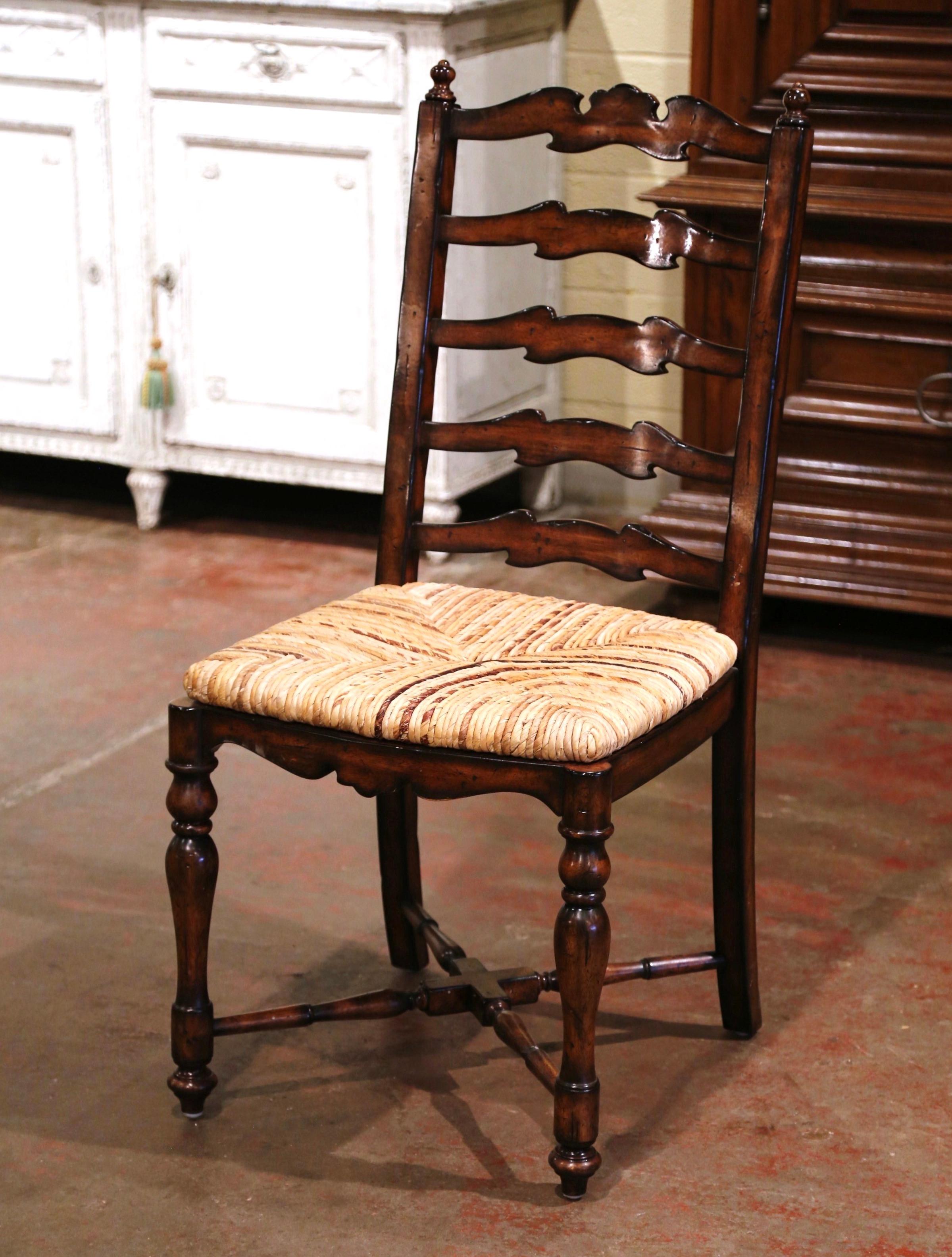 Patinated Country French Carved Walnut Ladder Back Chairs with Rush Seat, Set of Six