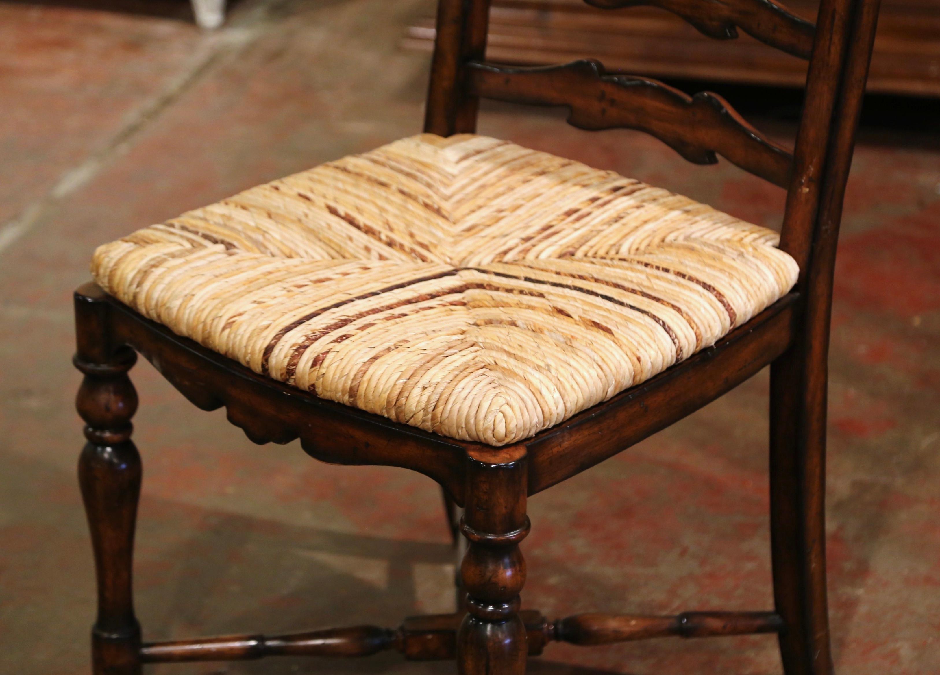 Country French Carved Walnut Ladder Back Chairs with Rush Seat, Set of Six In Excellent Condition In Dallas, TX