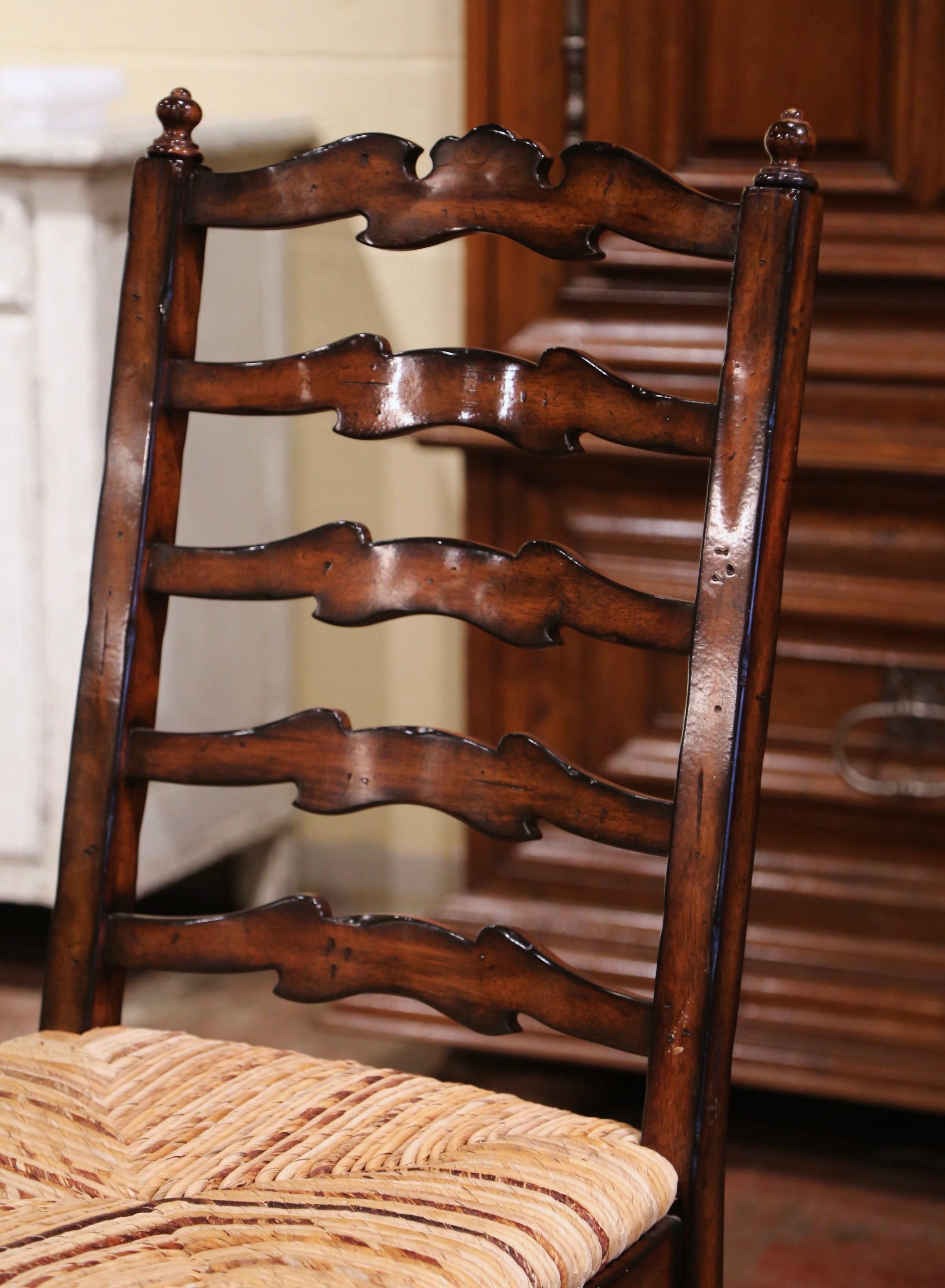 Contemporary Country French Carved Walnut Ladder Back Chairs with Rush Seat, Set of Six