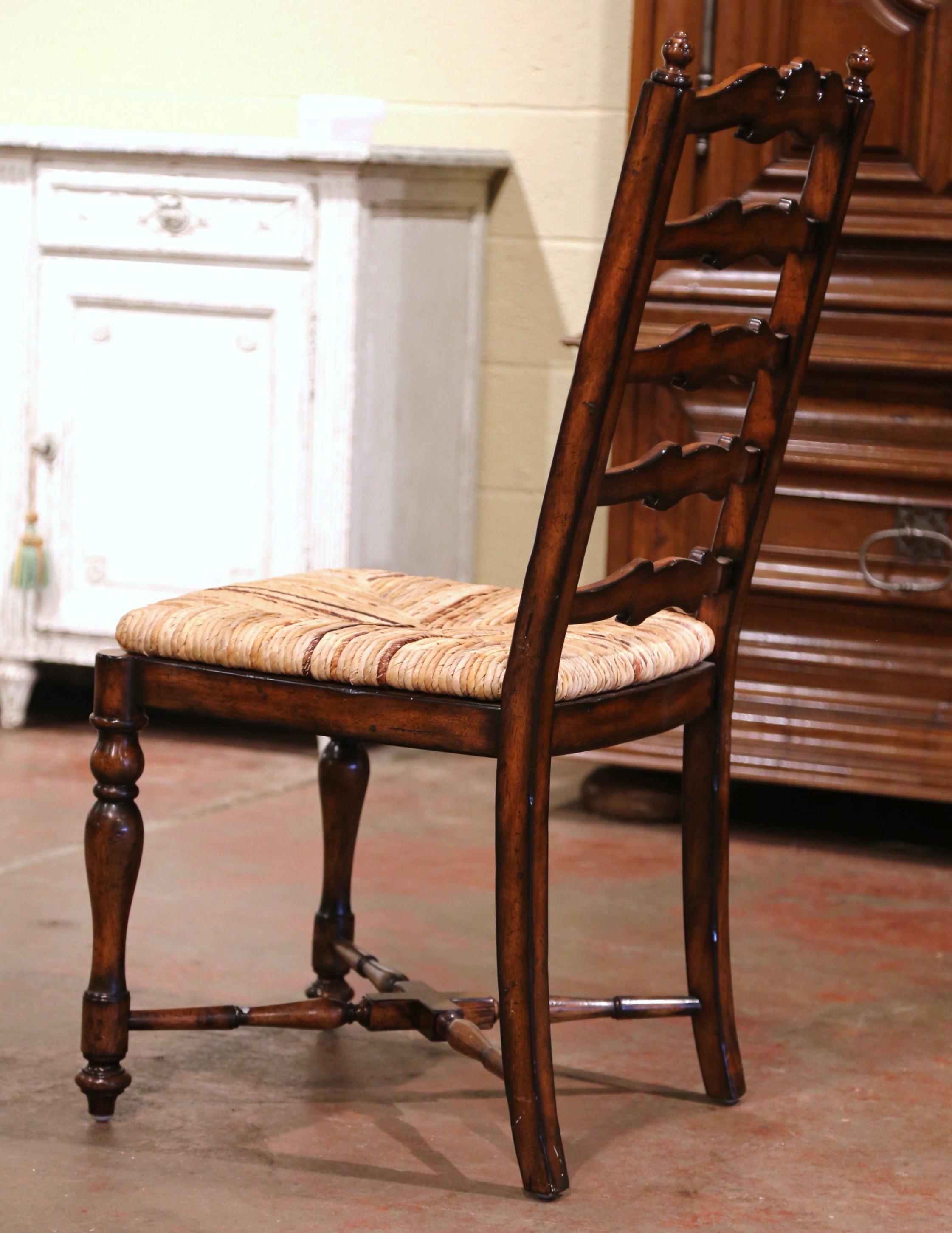 Country French Carved Walnut Ladder Back Chairs with Rush Seat, Set of Six 2