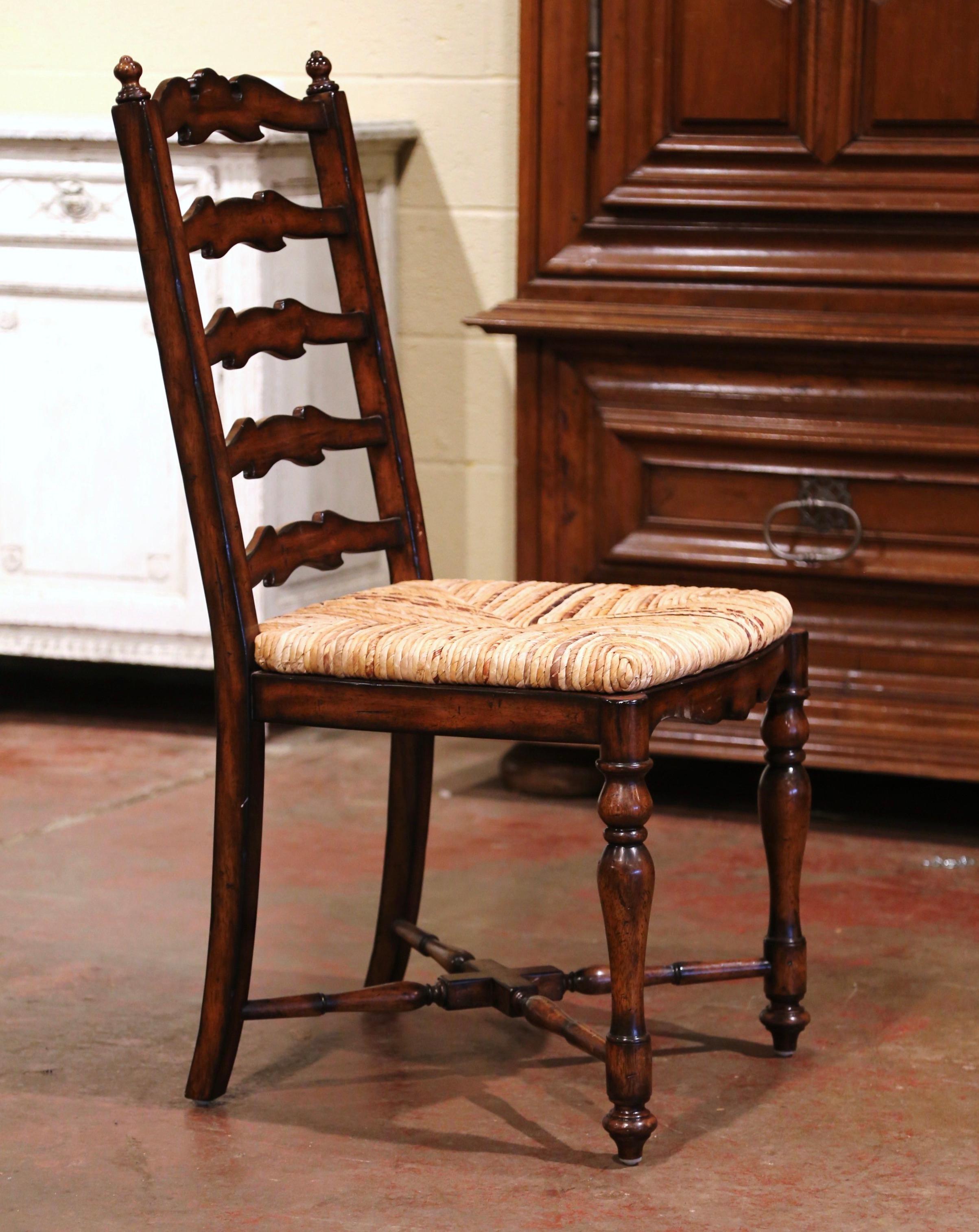 Country French Carved Walnut Ladder Back Chairs with Rush Seat, Set of Six 3