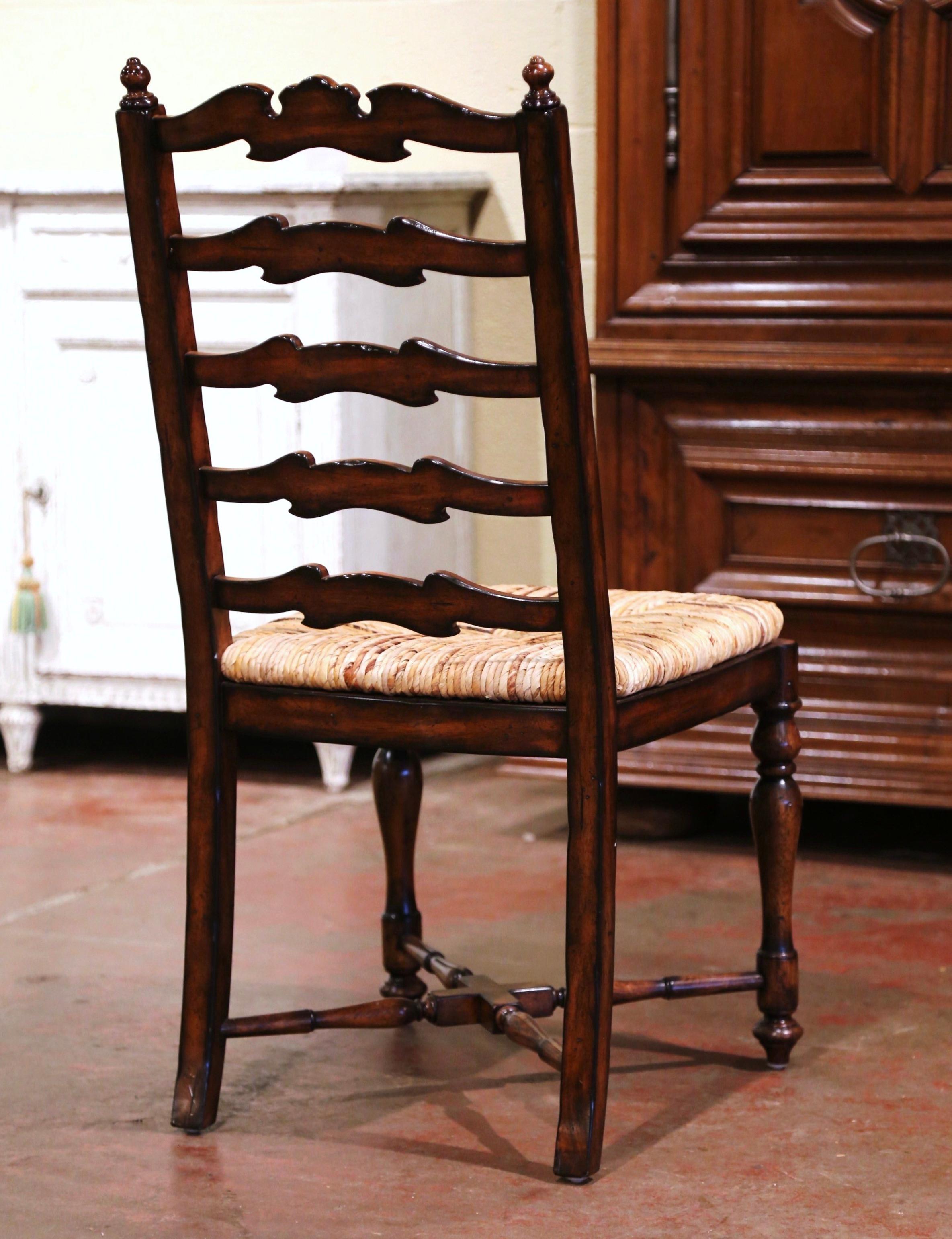 Country French Carved Walnut Ladder Back Chairs with Rush Seat, Set of Six 4