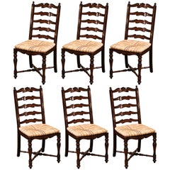 Country French Carved Walnut Ladder Back Chairs with Rush Seat, Set of Six