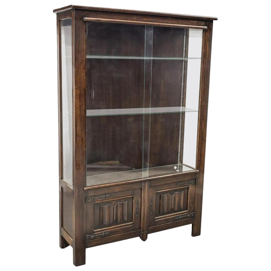 Country French Carved Oak Vitrine Display Cabinet Linenfold Panels, ca. 1900 For Sale