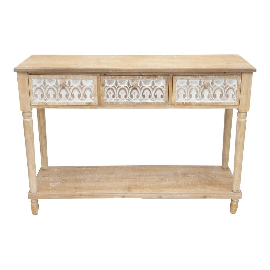 Country French Carved White Wash Drawer Hall Table, Fir Wood In Excellent Condition For Sale In BALCATTA, WA