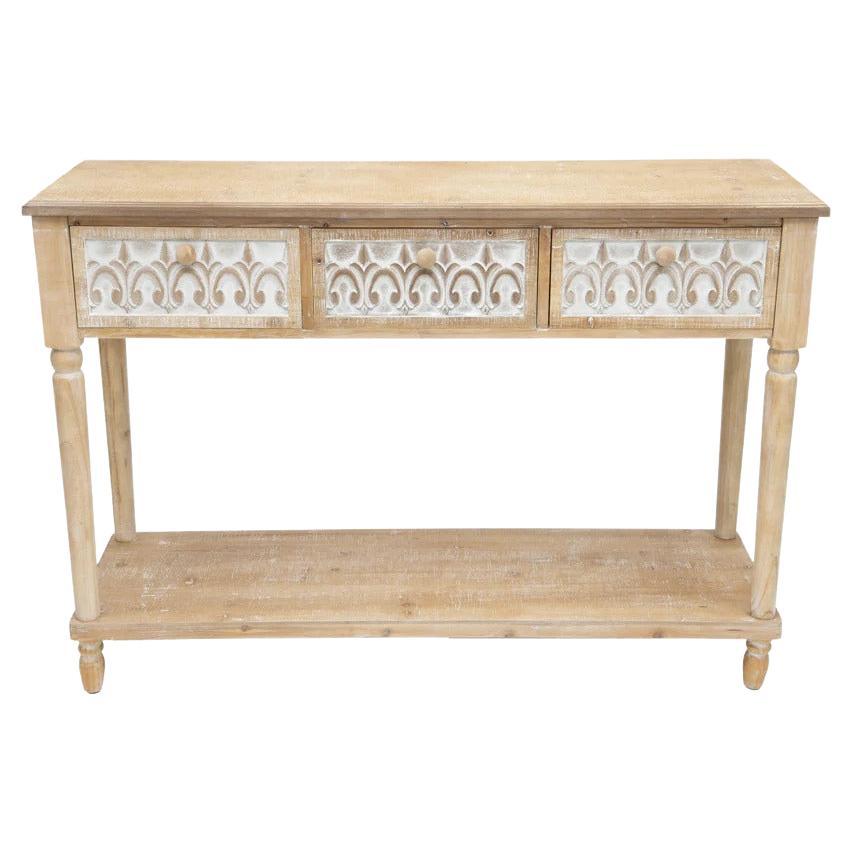 Country French Carved White Wash Drawer Hall Table, Fir Wood For Sale