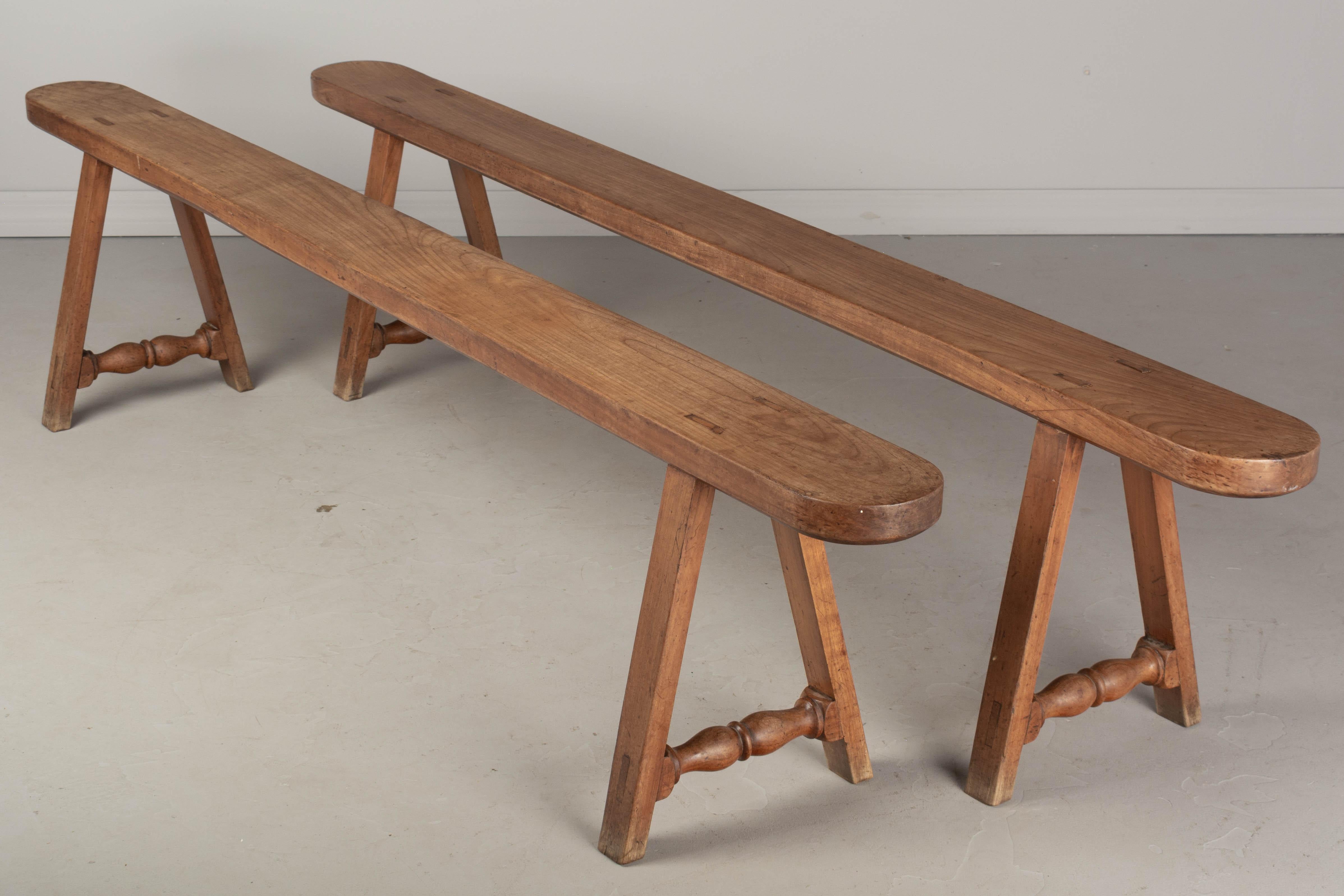 Hand-Crafted Country French Cherry Wood Farm Table Benches, a Pair For Sale