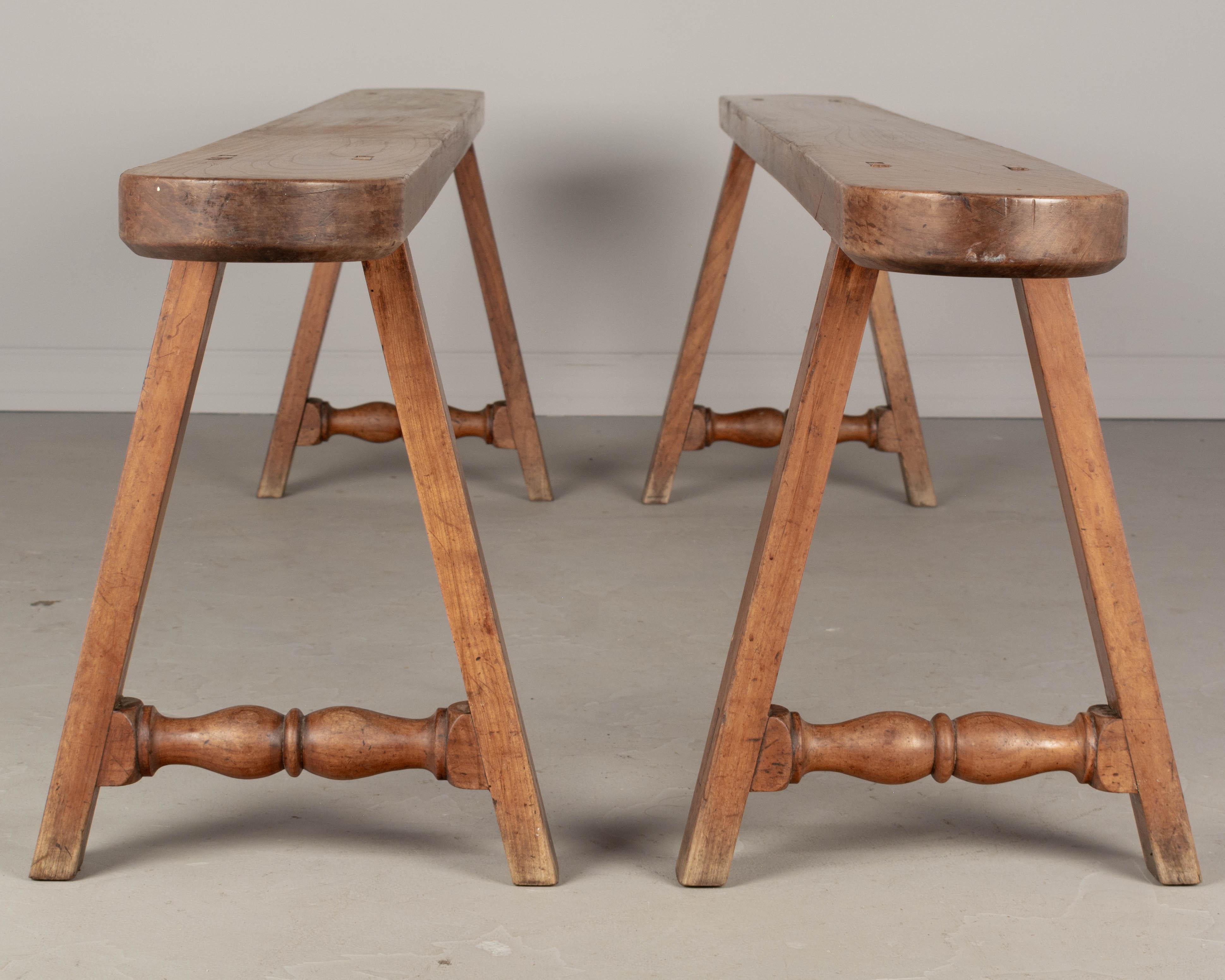 Country French Cherry Wood Farm Table Benches, a Pair In Good Condition For Sale In Winter Park, FL
