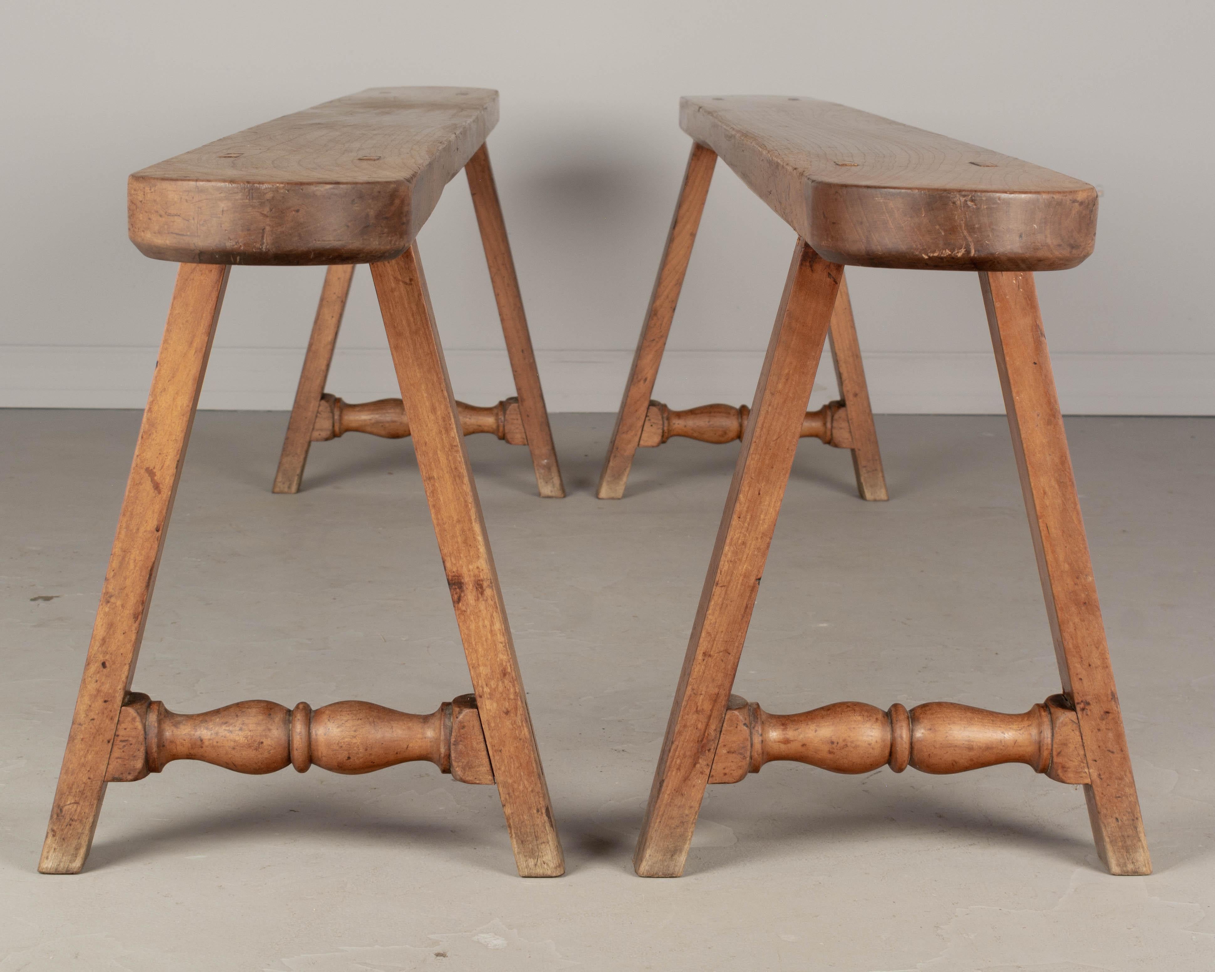 20th Century Country French Cherry Wood Farm Table Benches, a Pair For Sale